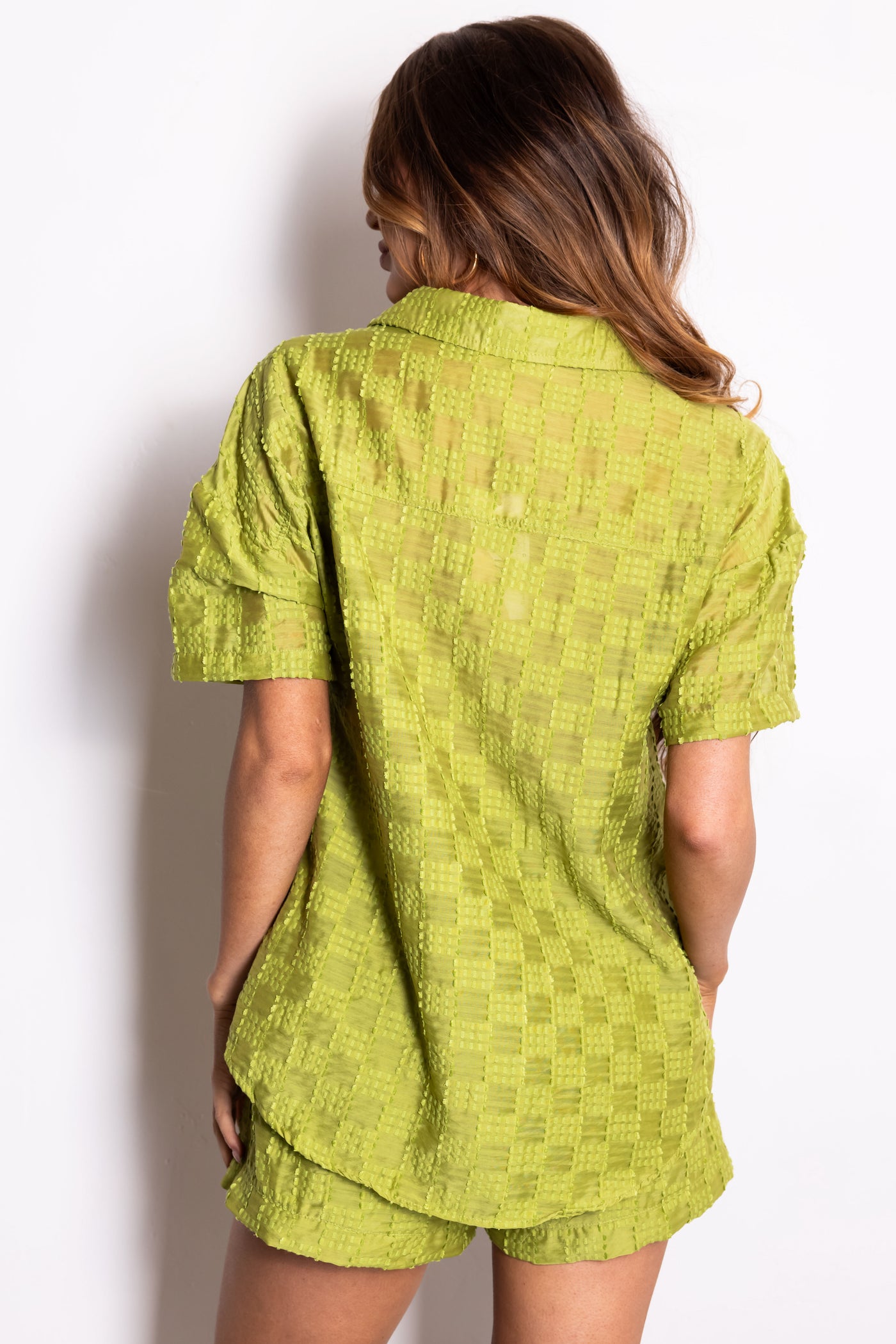 Lime Textured Woven Button Up Top and Shorts Set