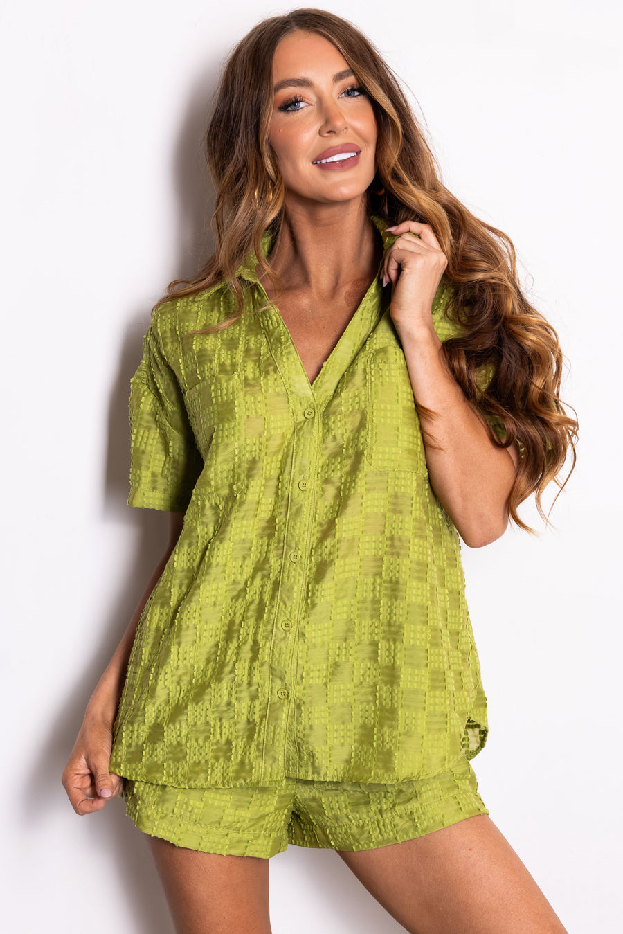 Lime Textured Woven Button Up Top and Shorts Set