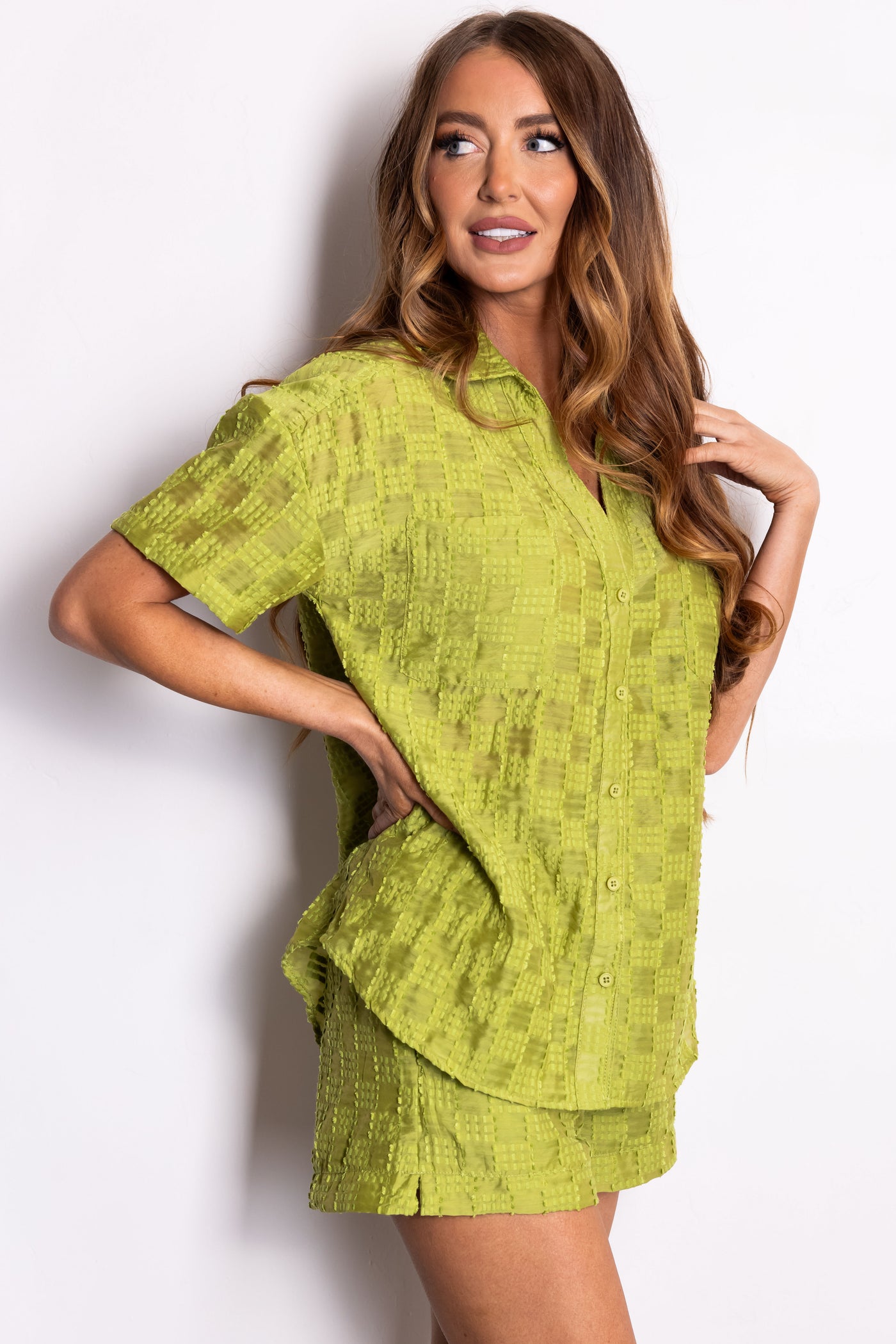Lime Textured Woven Button Up Top and Shorts Set