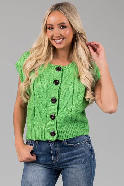 Lime Thick Cable Knit Button Sweater Vest