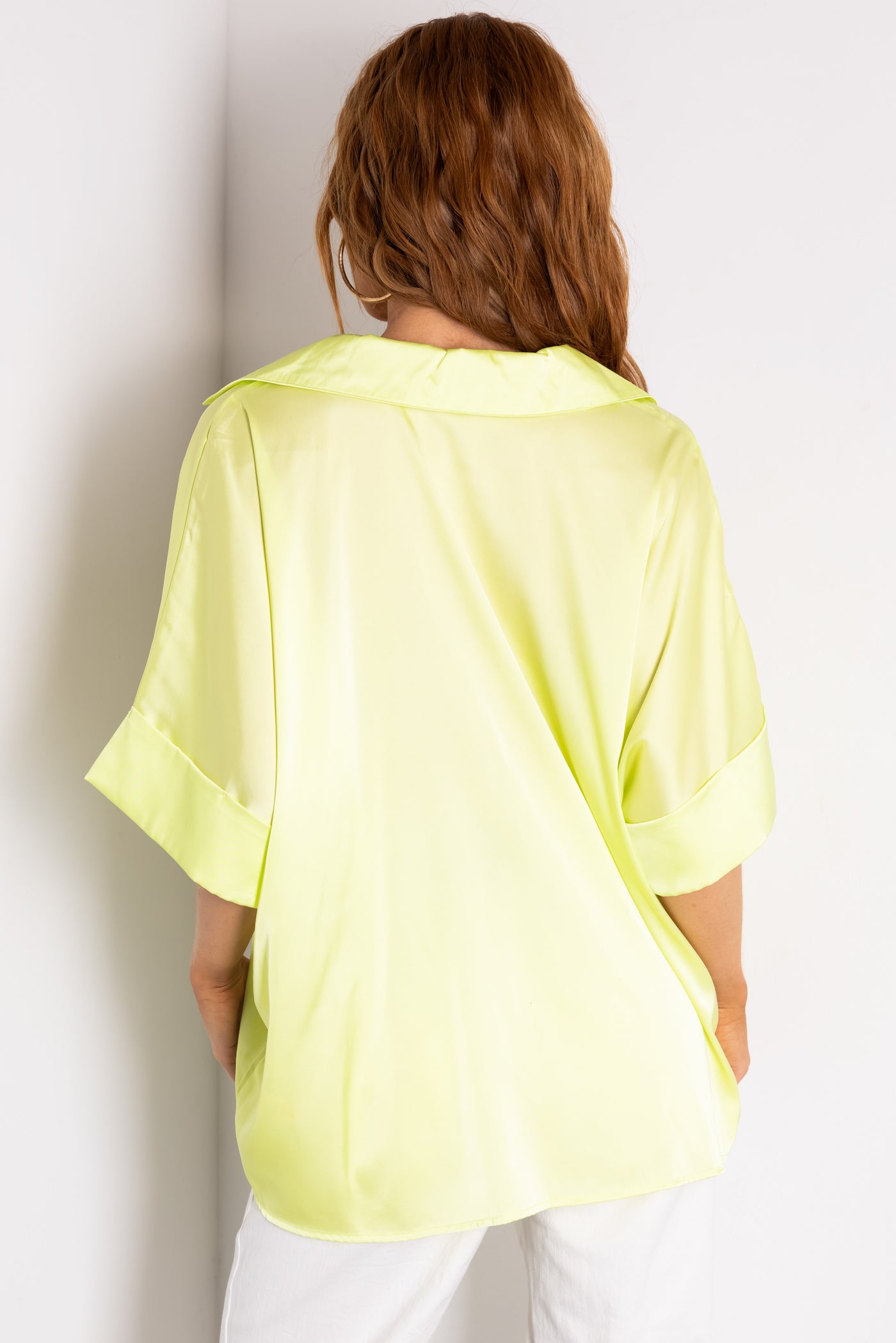 Lime V Neck Collared Satin Blouse