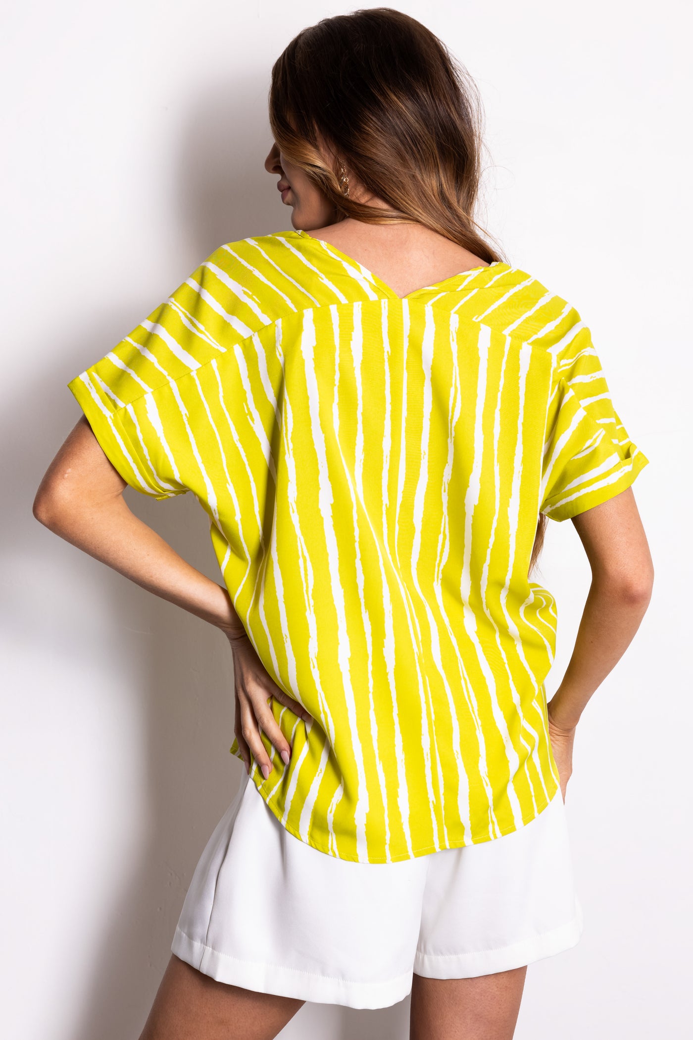 Lime V Neck Short Sleeve Stripe Blouse