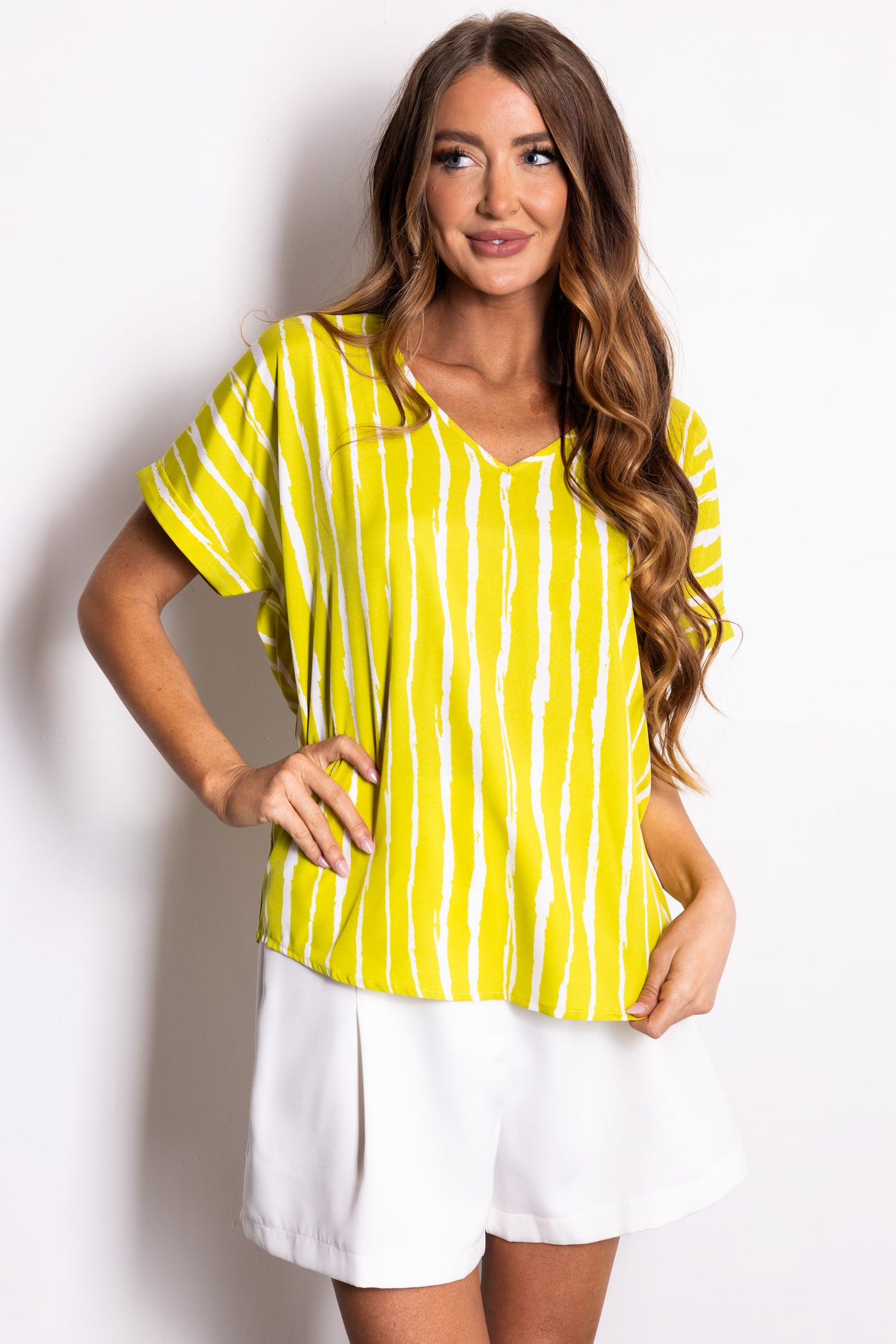 Lime V Neck Short Sleeve Stripe Blouse