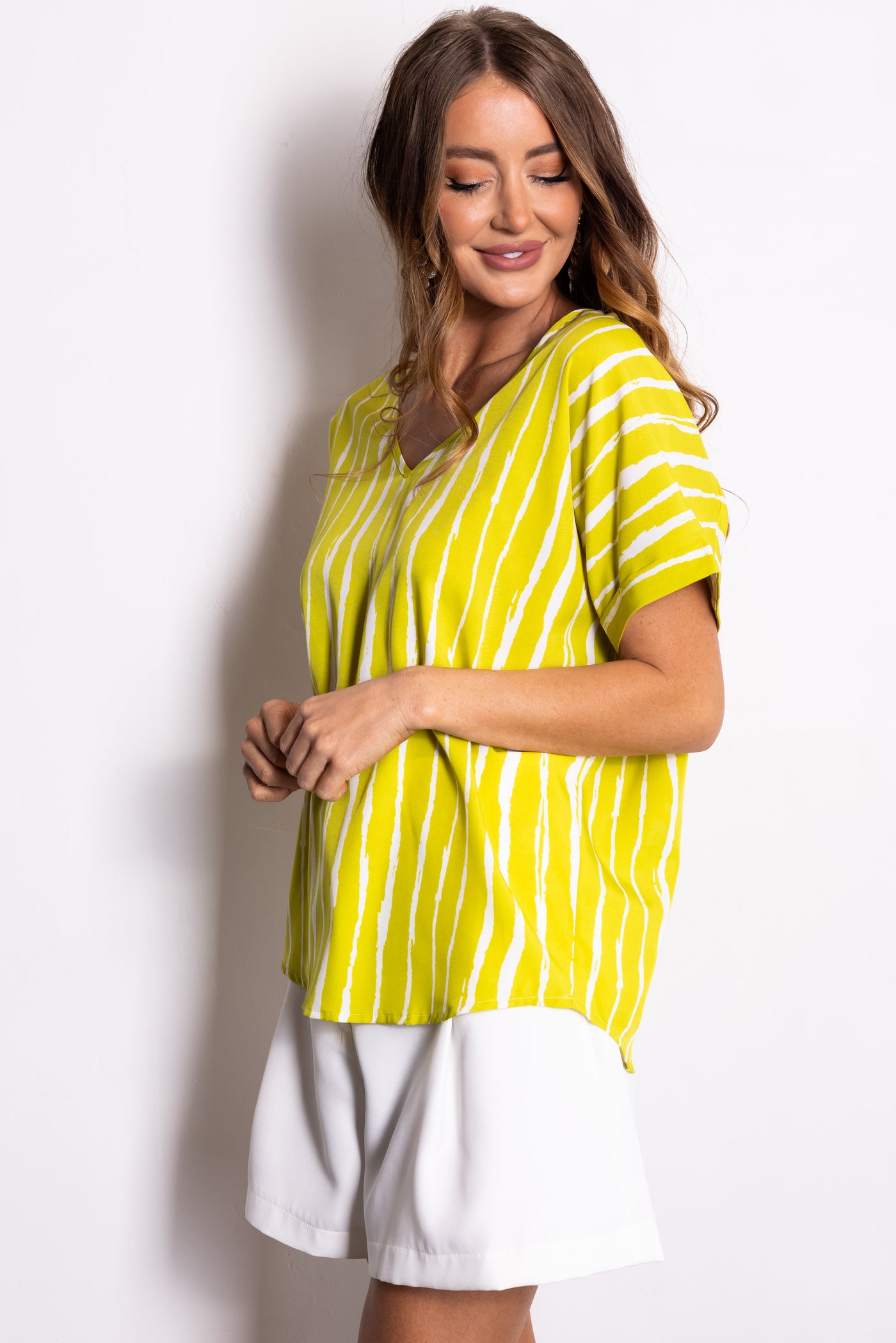 Lime V Neck Short Sleeve Stripe Blouse