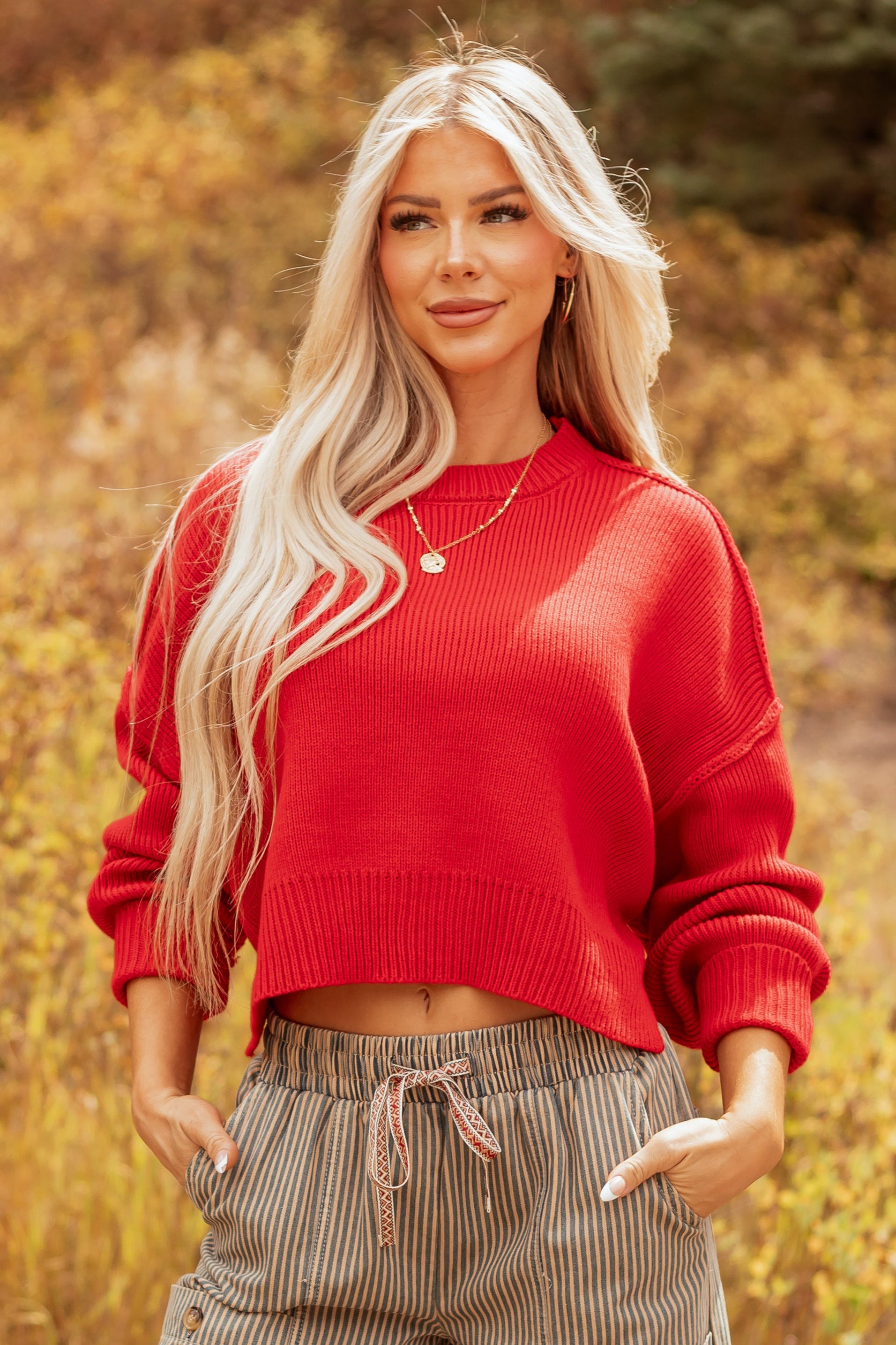 Lipstick Boxy Drop Shoulder Crop Rib Knit Sweater