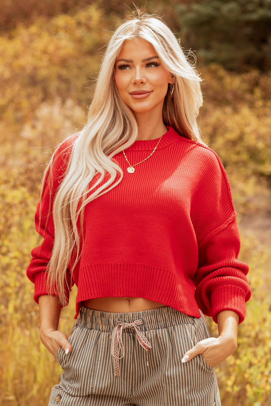 Lipstick Boxy Drop Shoulder Crop Rib Knit Sweater