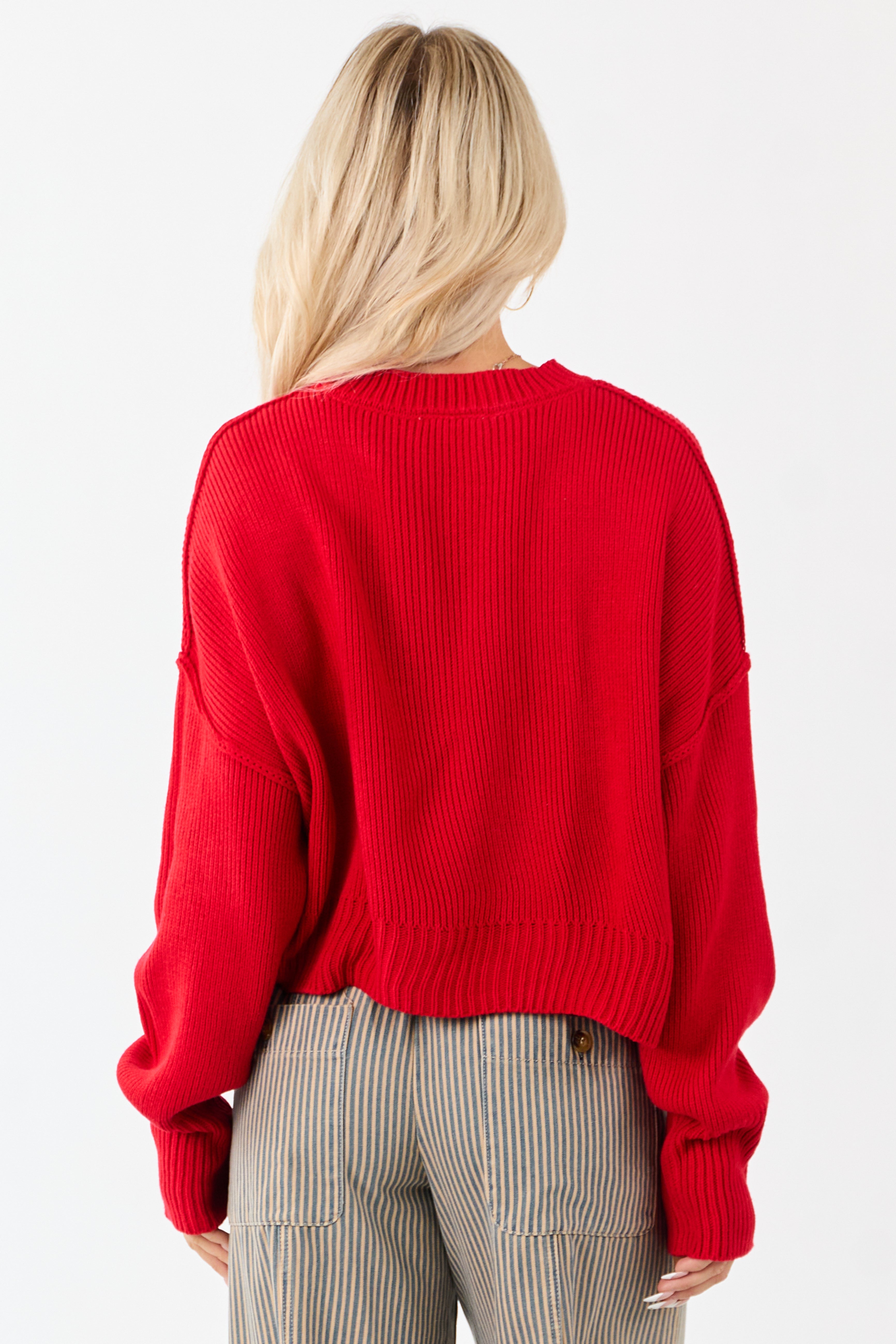Lipstick Boxy Drop Shoulder Crop Rib Knit Sweater