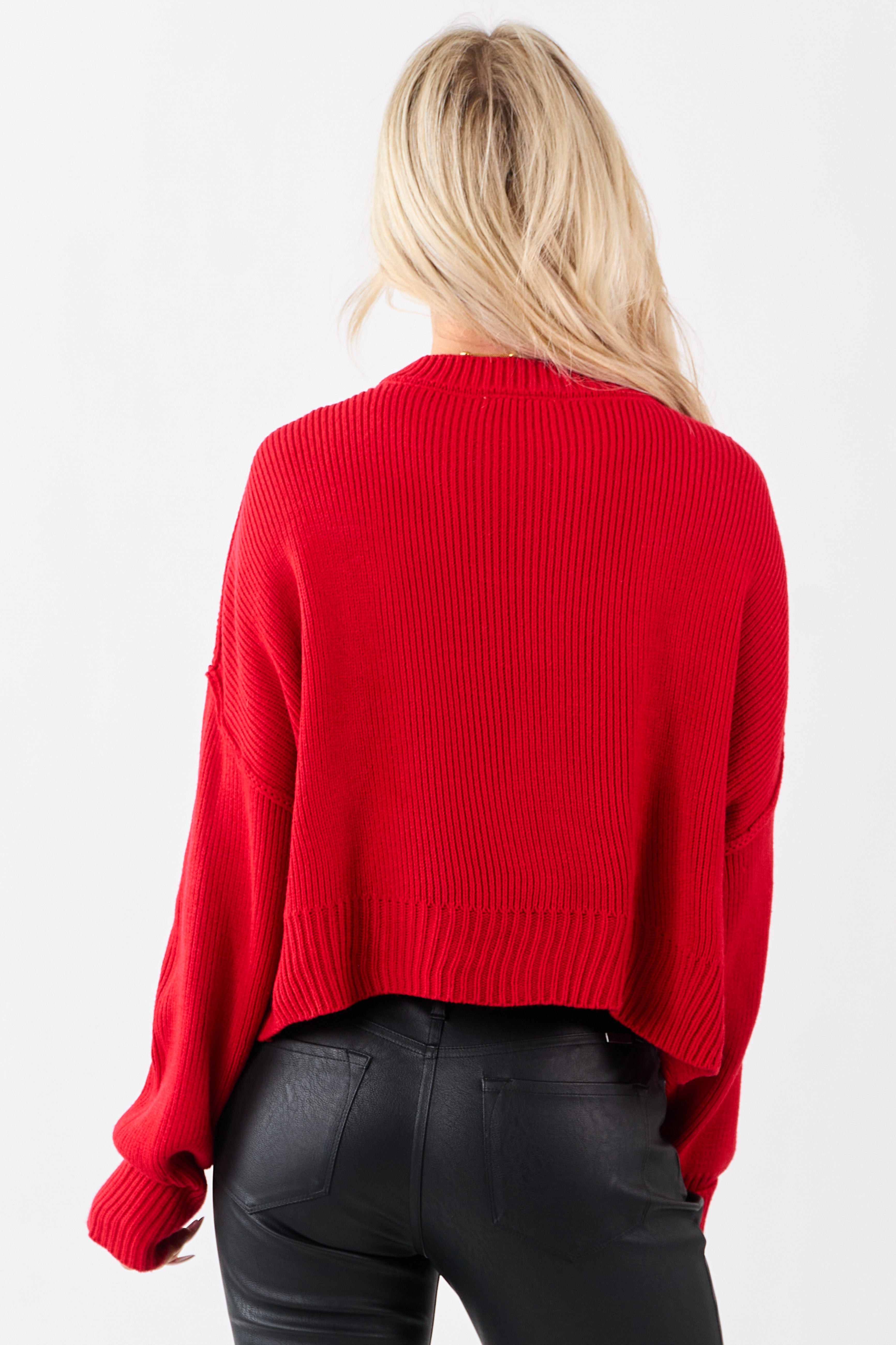 Lipstick Boxy Drop Shoulder Crop Rib Knit Sweater
