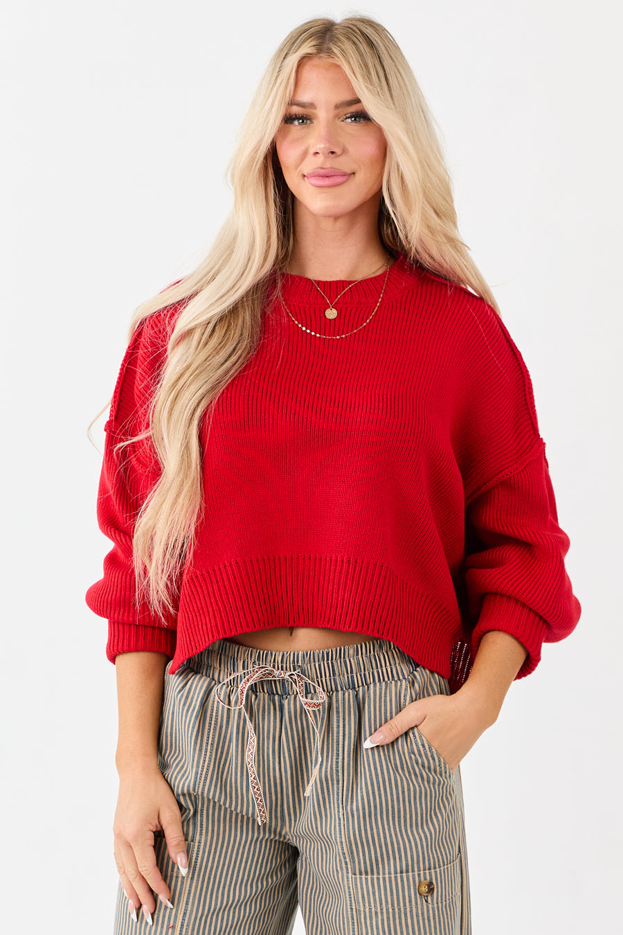 Lipstick Boxy Drop Shoulder Crop Rib Knit Sweater