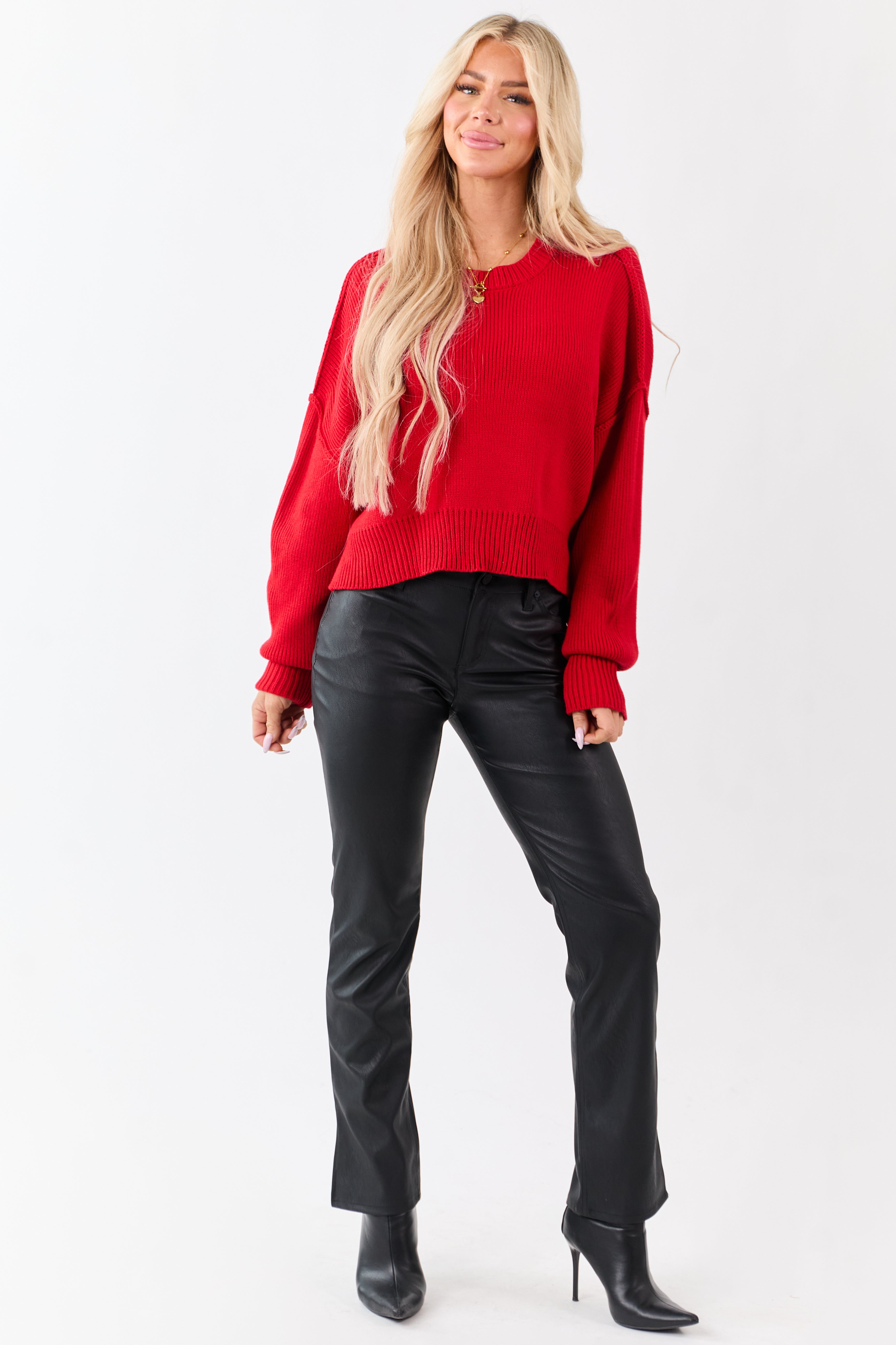 Lipstick Boxy Drop Shoulder Crop Rib Knit Sweater