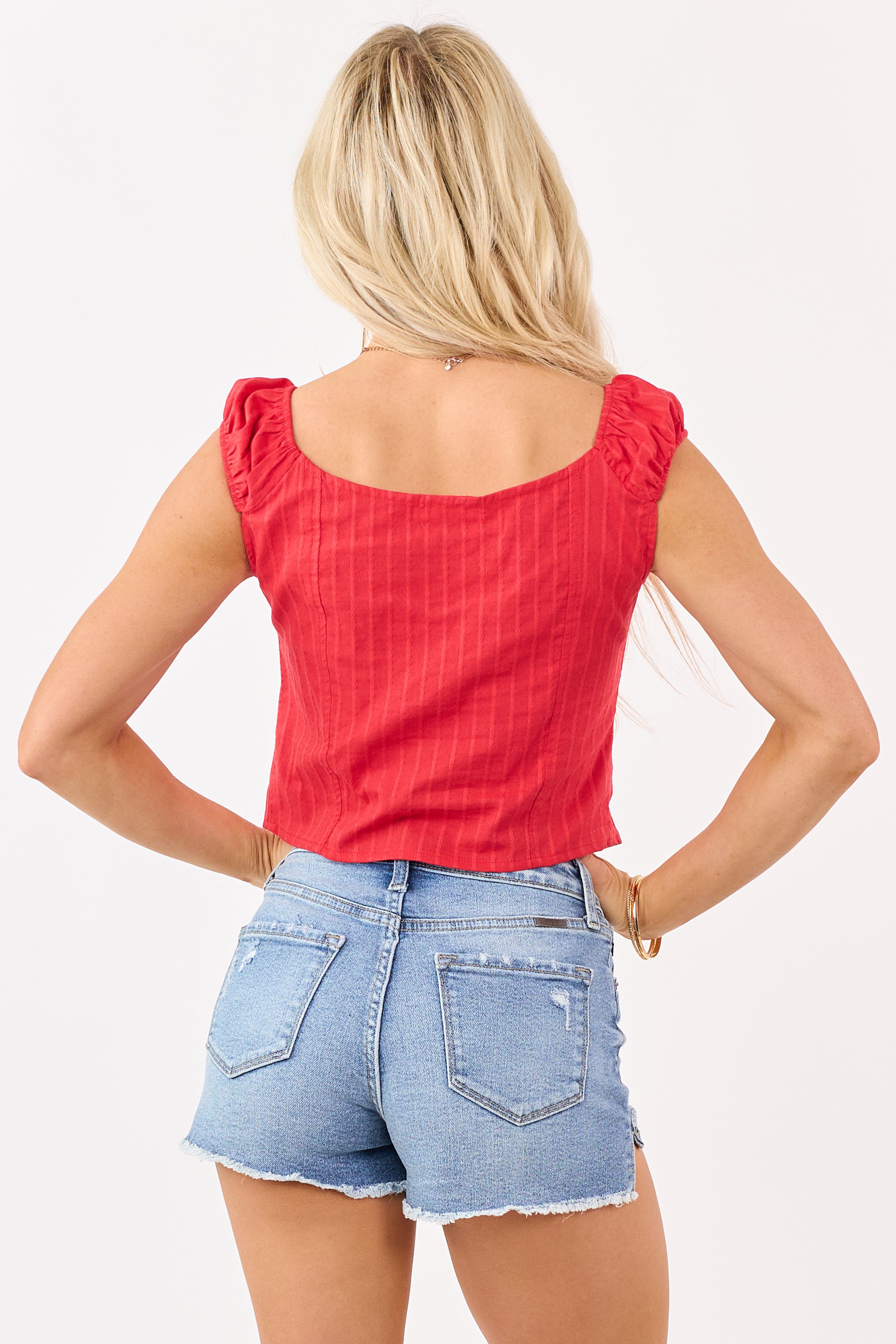 Lipstick Button Down Cropped Cap Sleeve Top