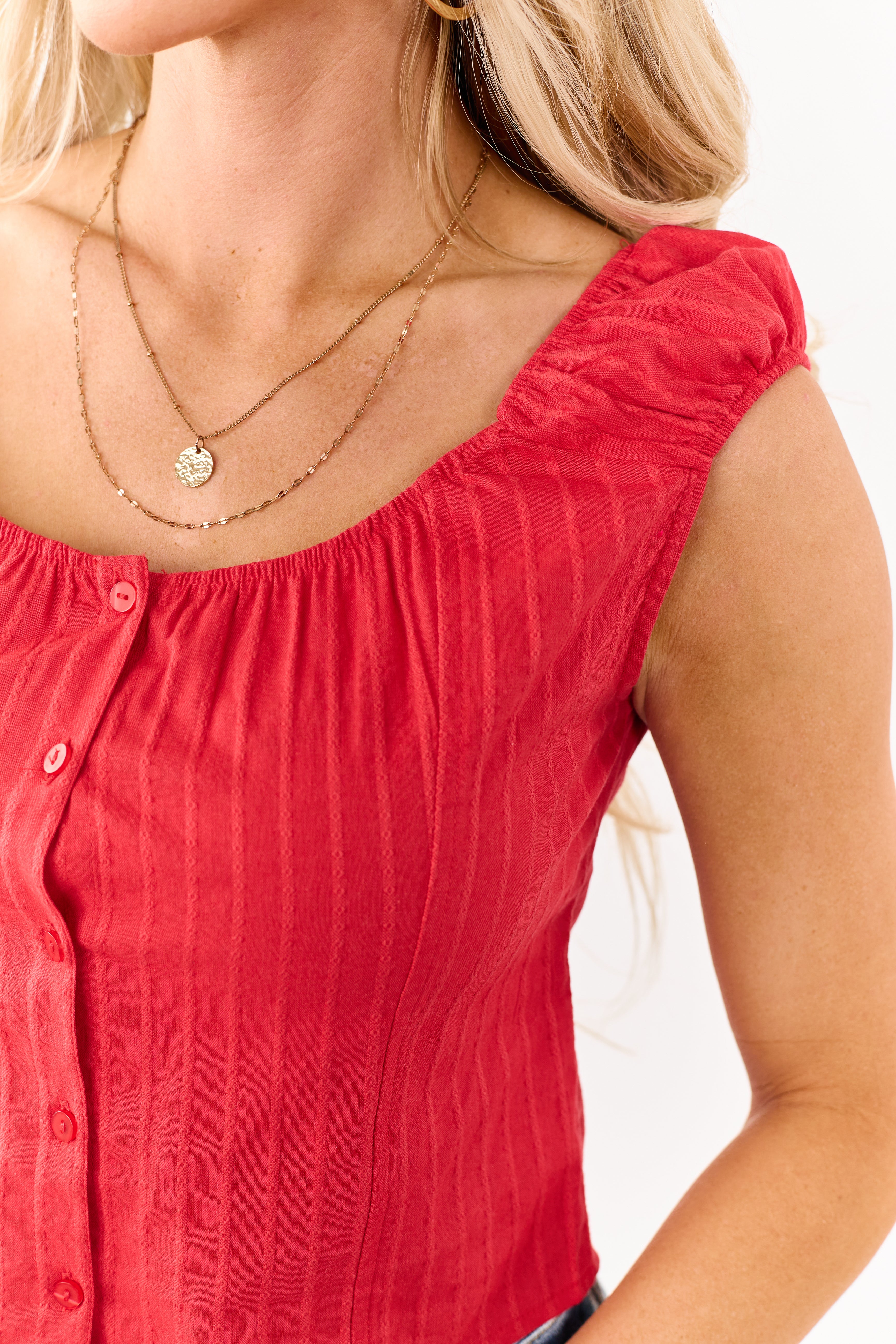 Lipstick Button Down Cropped Cap Sleeve Top