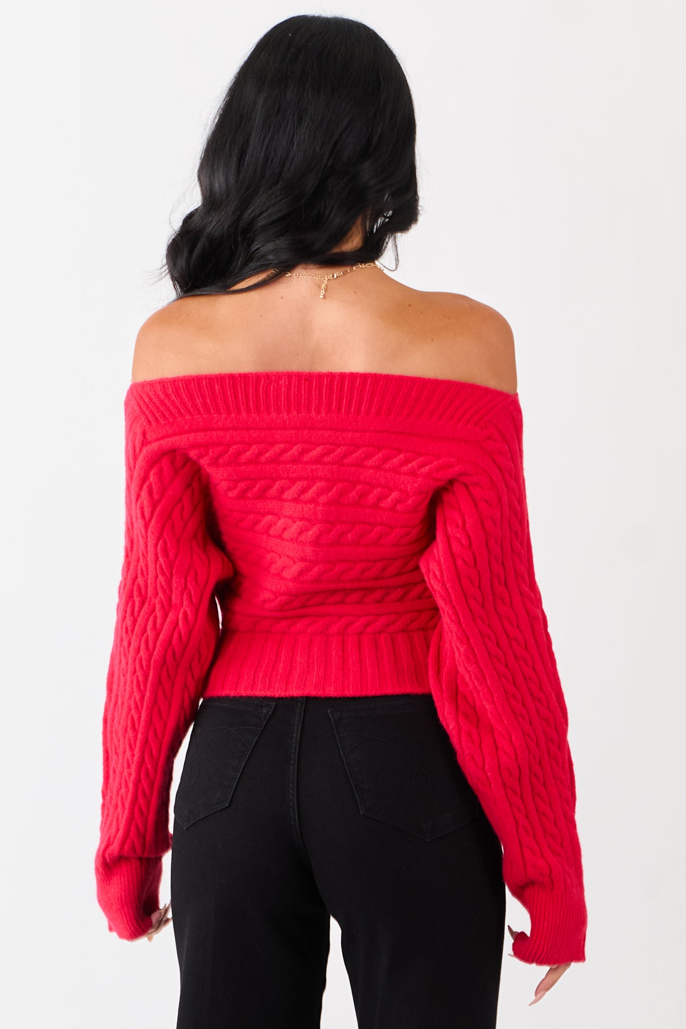 Lipstick Cable Knit Boatneck Cropped Cardigan