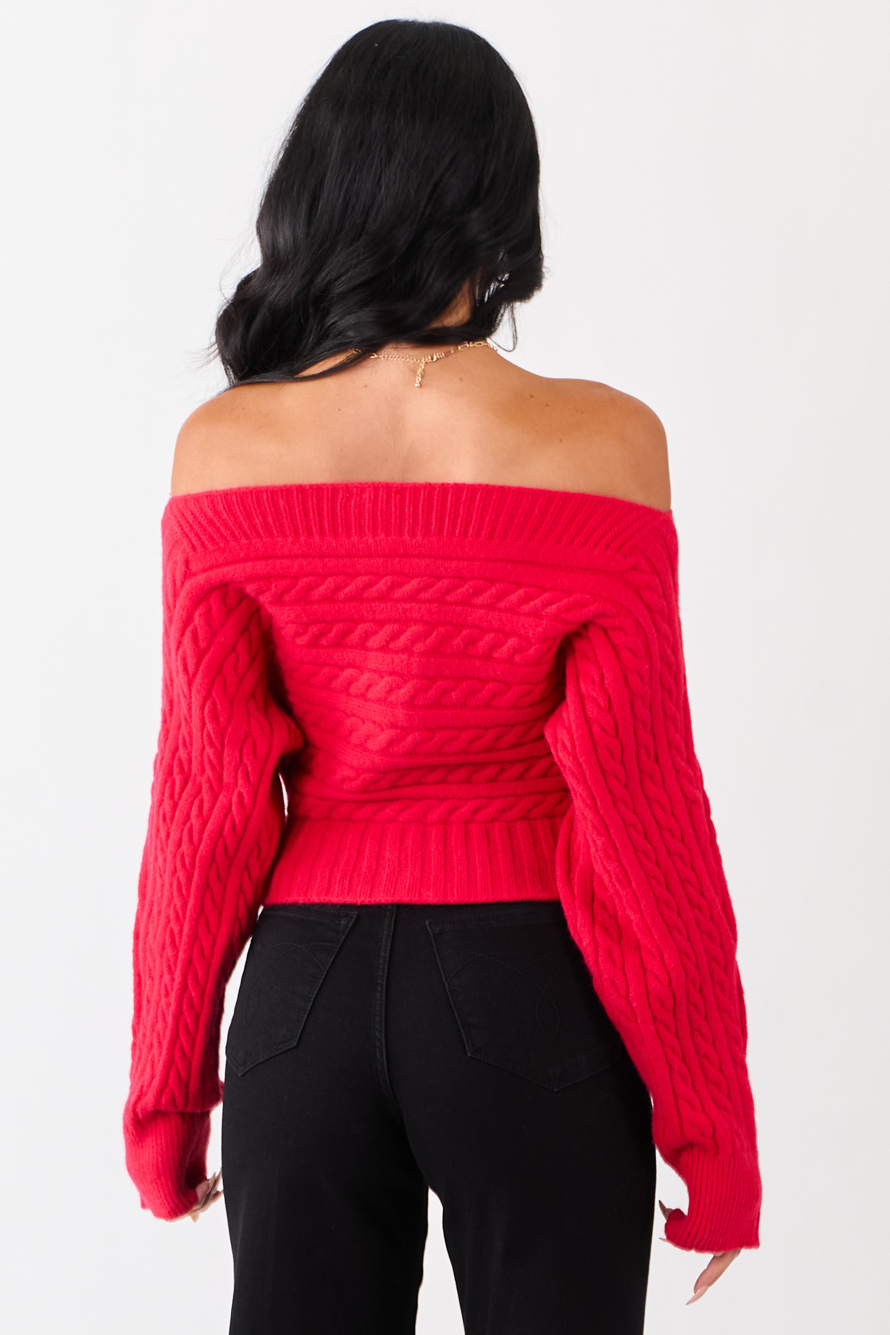 Lipstick Cable Knit Boatneck Cropped Cardigan
