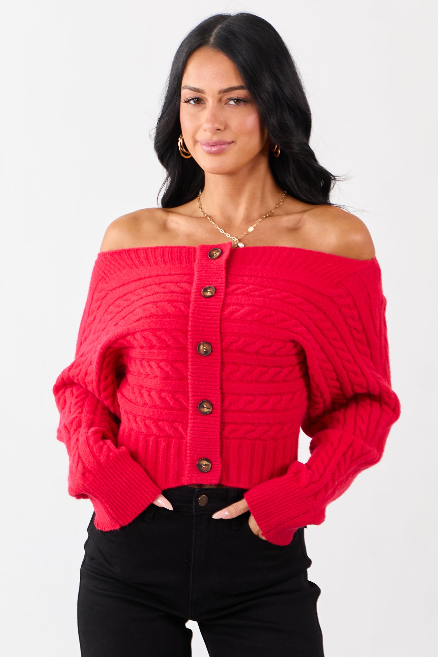 Lipstick Cable Knit Boatneck Cropped Cardigan