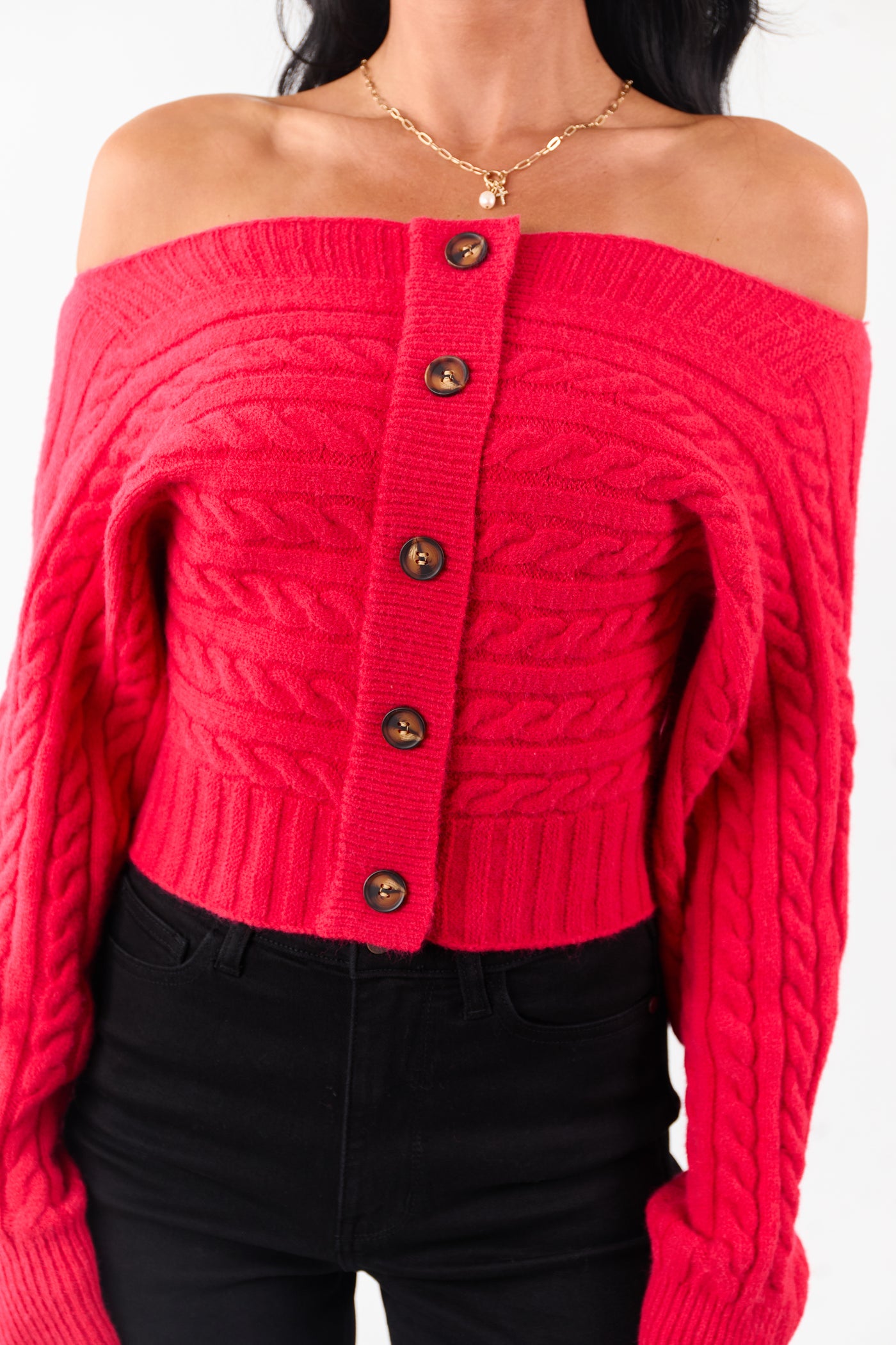 Lipstick Cable Knit Boatneck Cropped Cardigan
