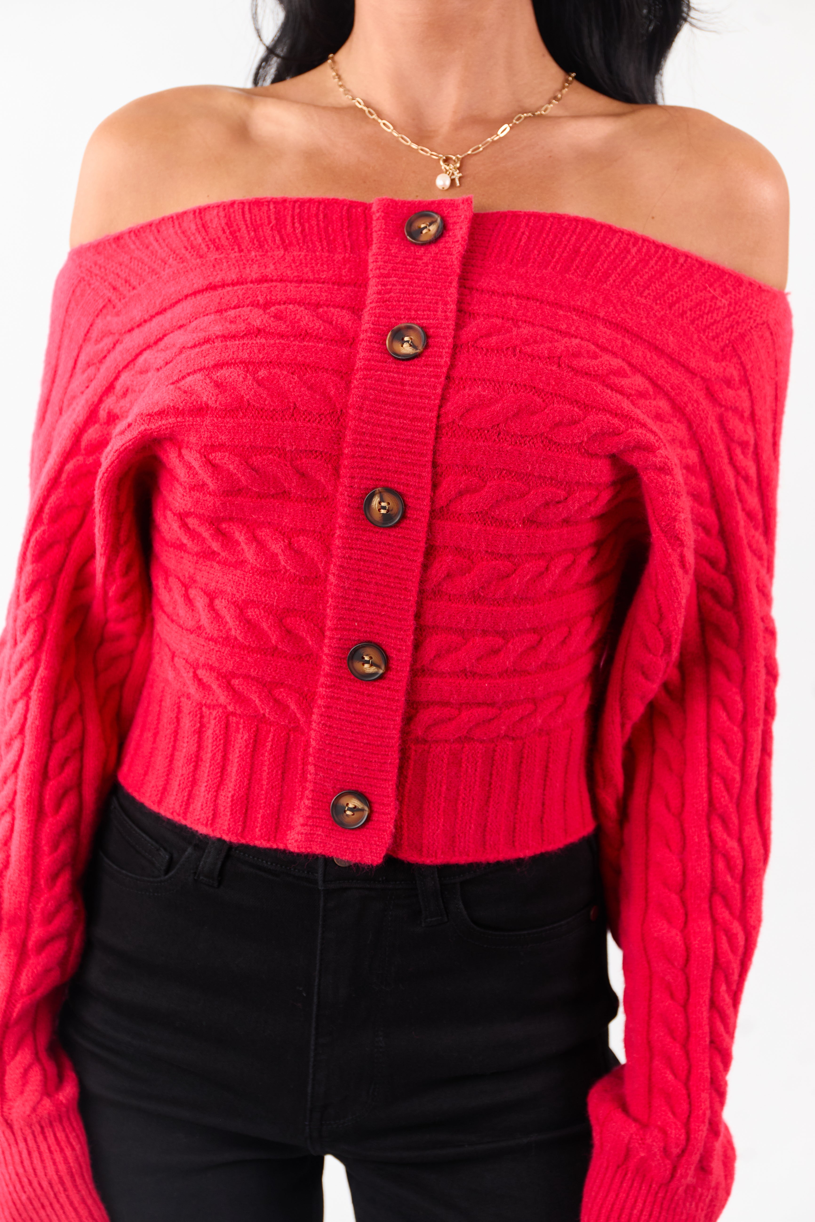 Lipstick Cable Knit Boatneck Cropped Cardigan