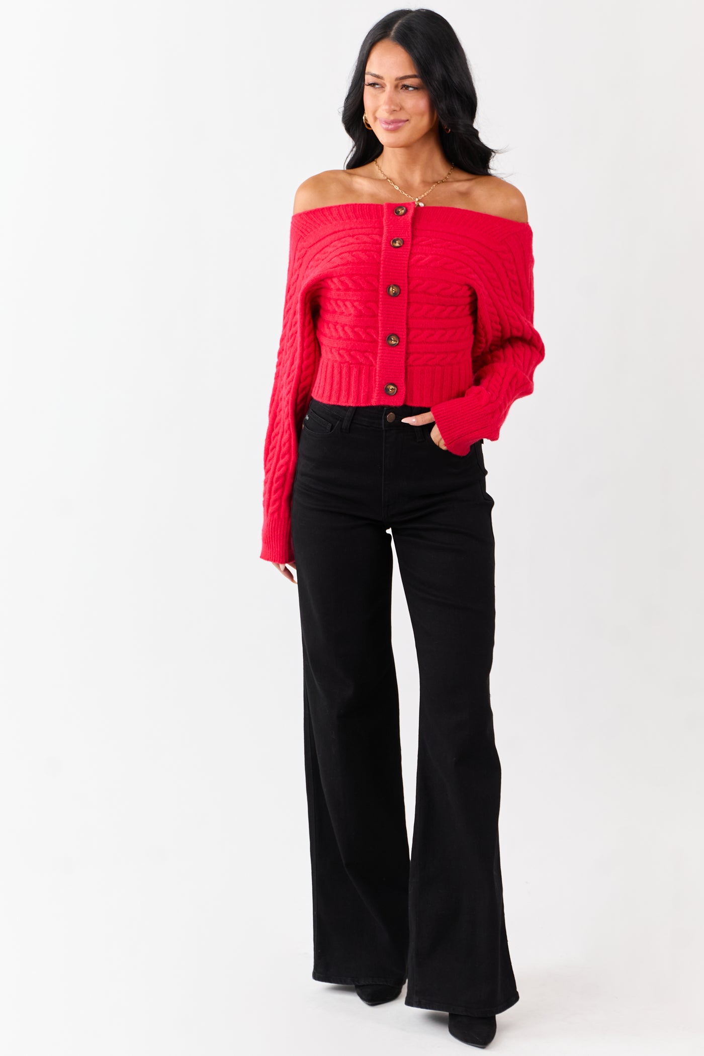 Lipstick Cable Knit Boatneck Cropped Cardigan
