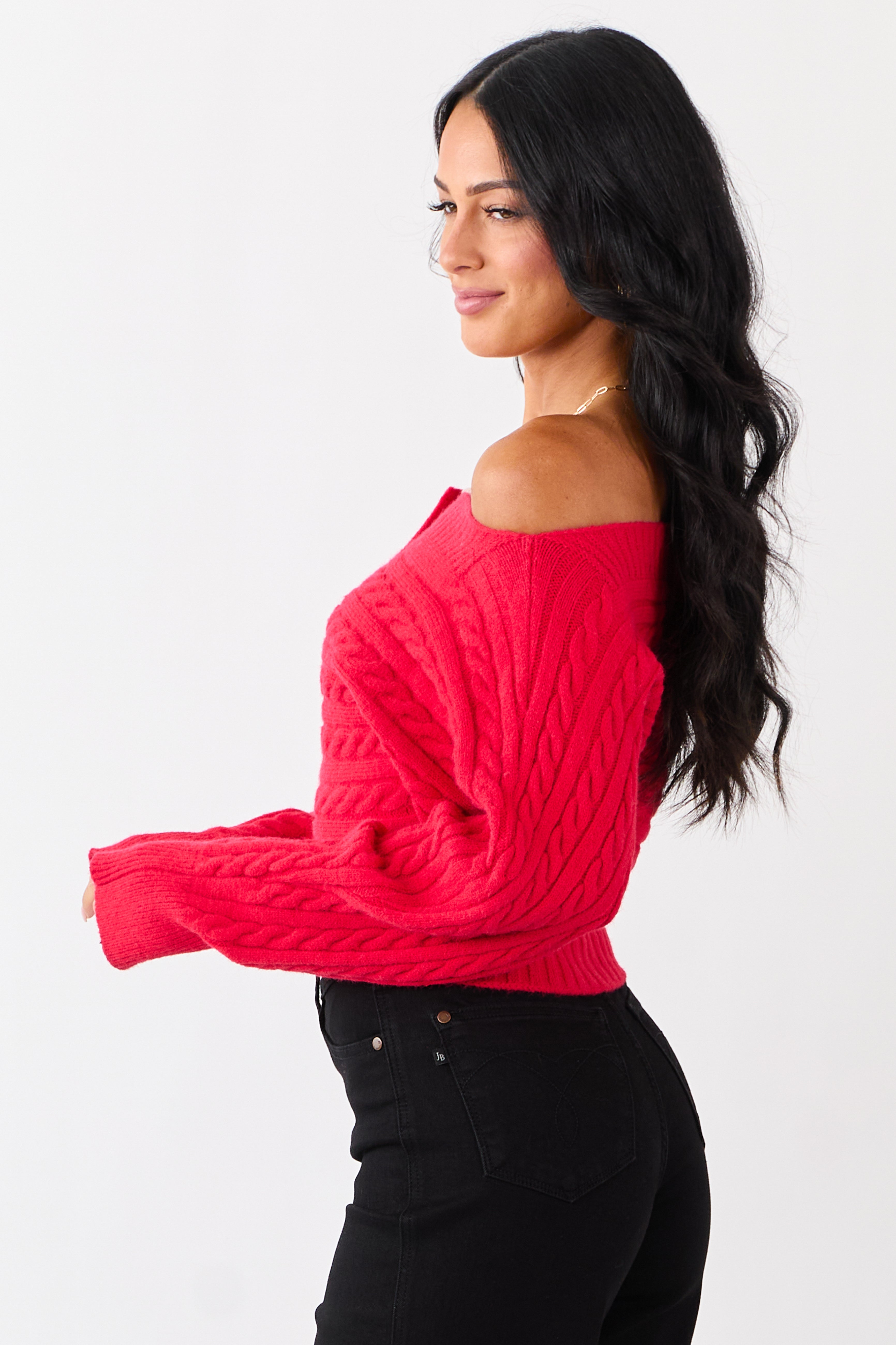 Lipstick Cable Knit Boatneck Cropped Cardigan