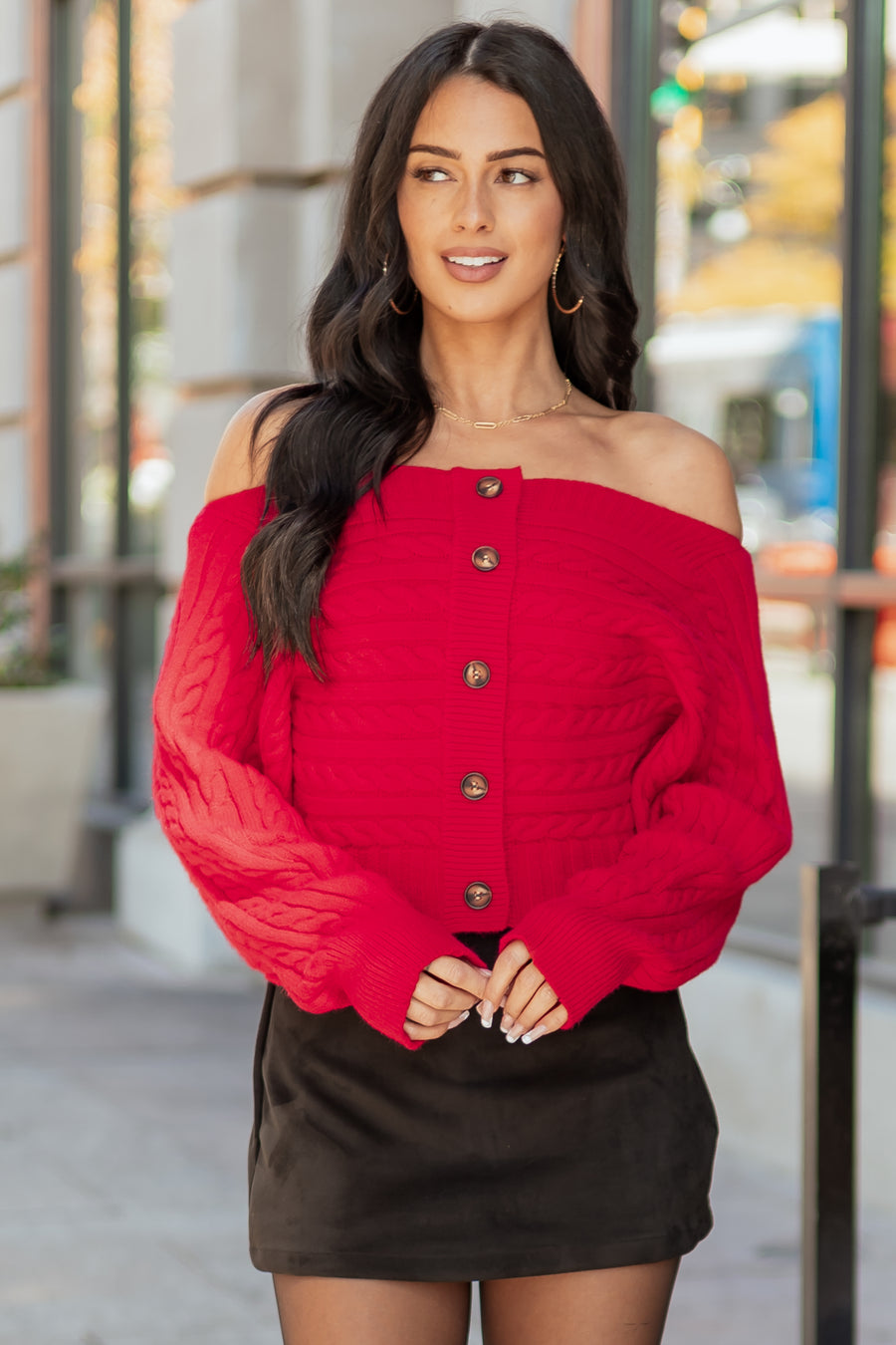 Lipstick Cable Knit Boatneck Cropped Cardigan