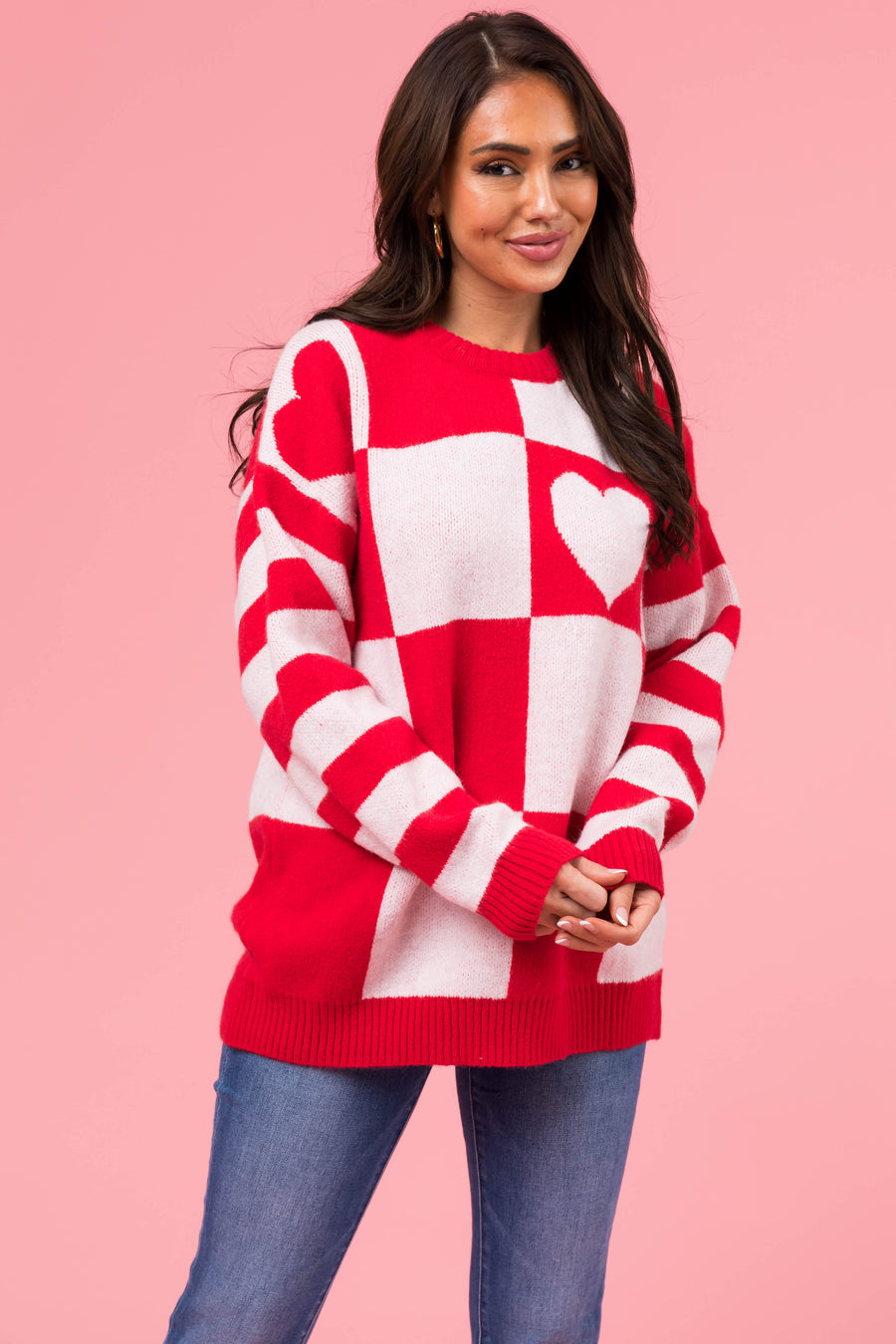 Lipstick Checkered Heart Contrast Print Sweater
