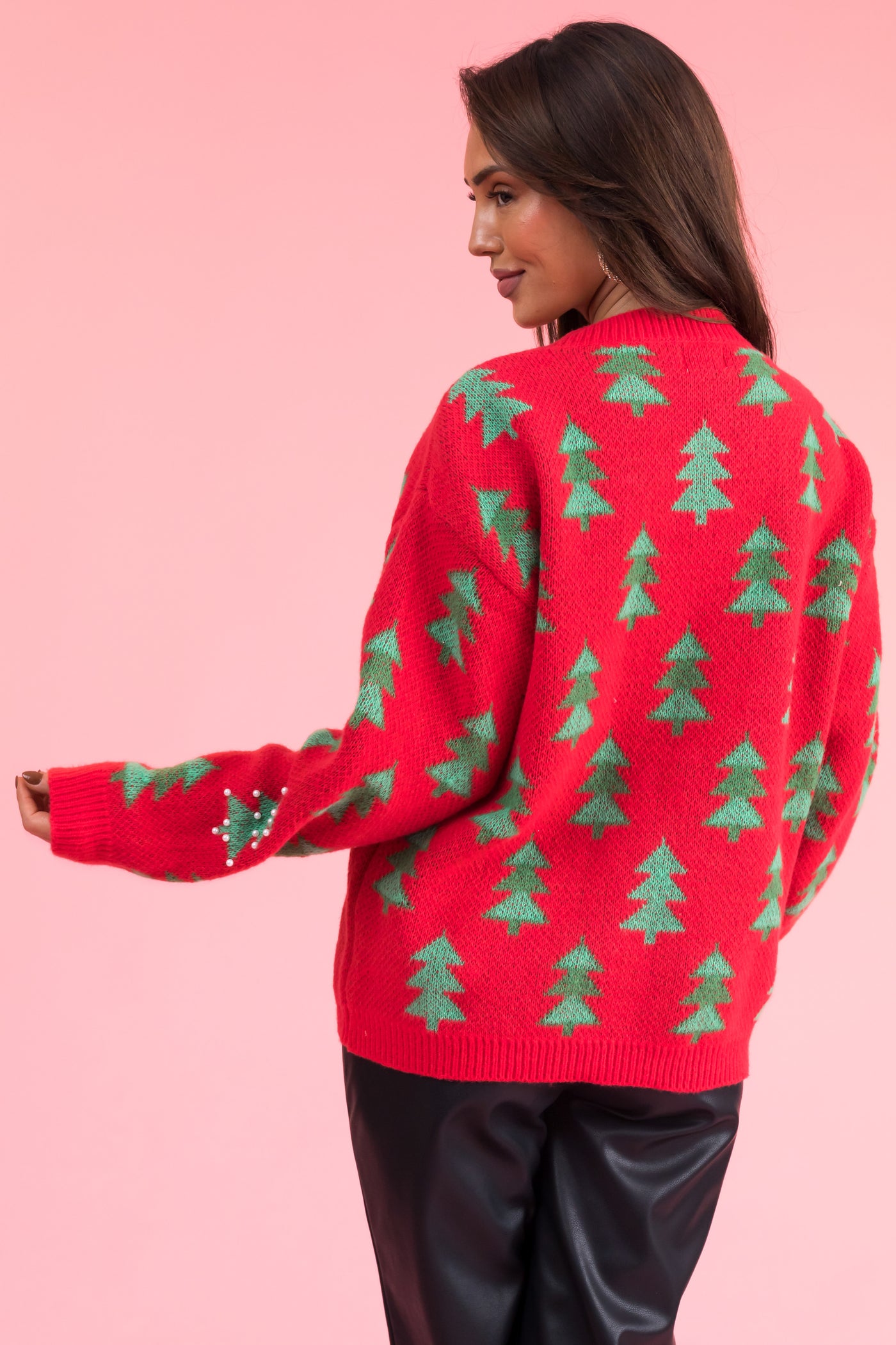 Lipstick Christmas Tree Pearl Graphic Sweater