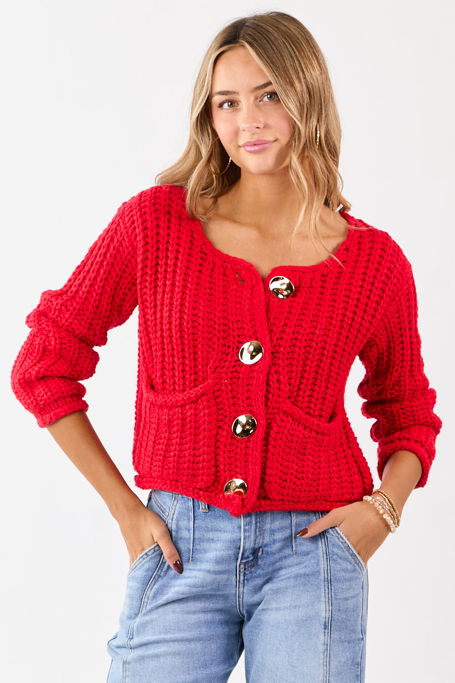 Lipstick Chunky Rib Knit Button Down Cardigan