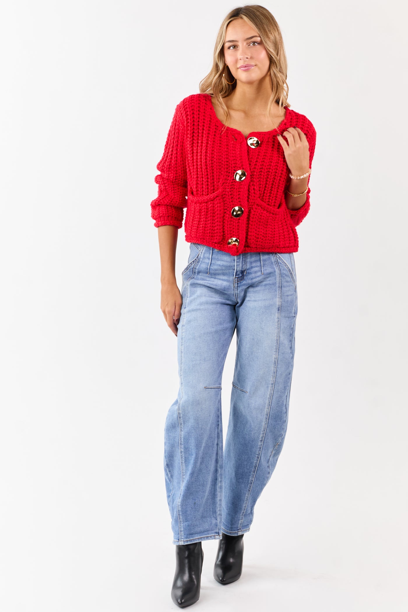 Lipstick Chunky Rib Knit Button Down Cardigan