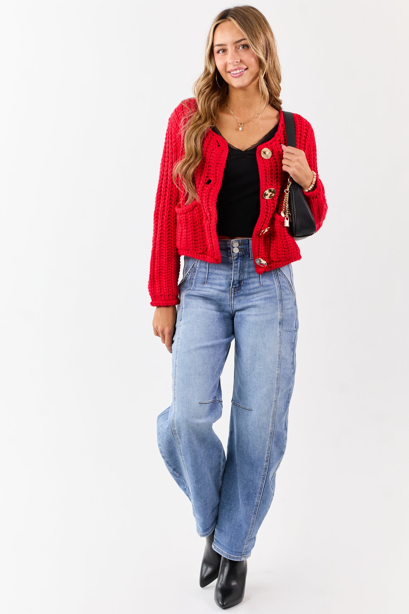 Lipstick Chunky Rib Knit Button Down Cardigan