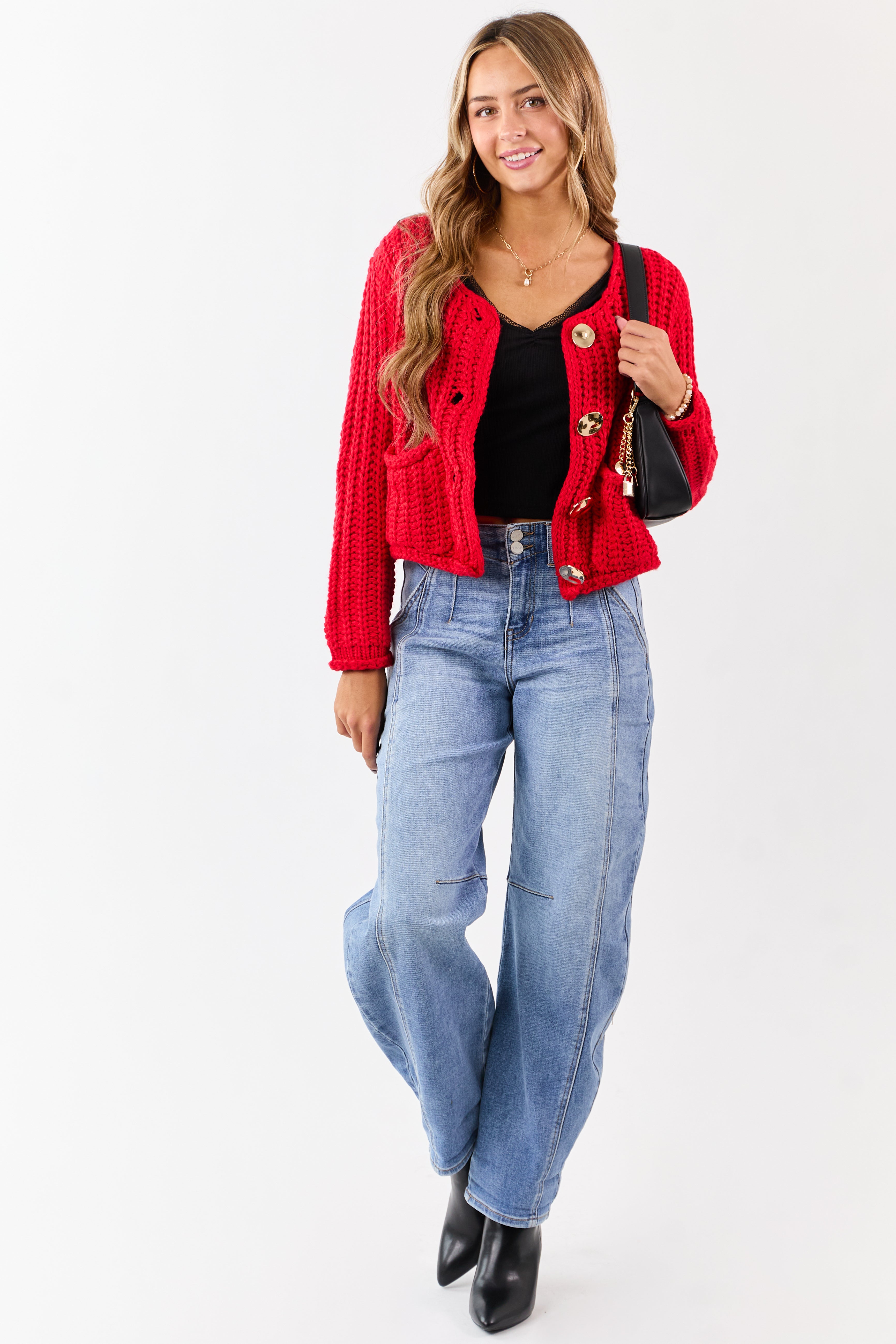 Lipstick Chunky Rib Knit Button Down Cardigan