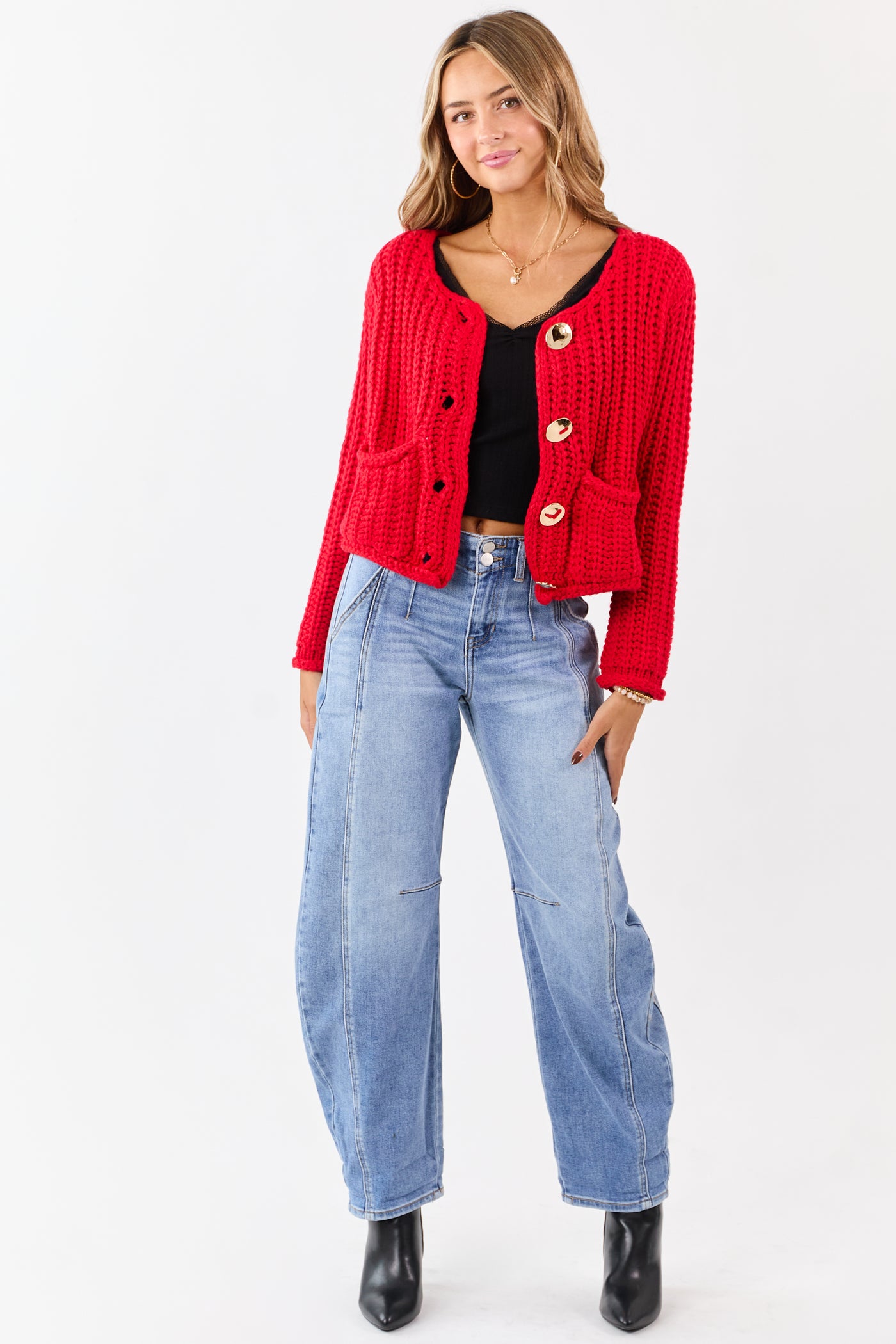 Lipstick Chunky Rib Knit Button Down Cardigan