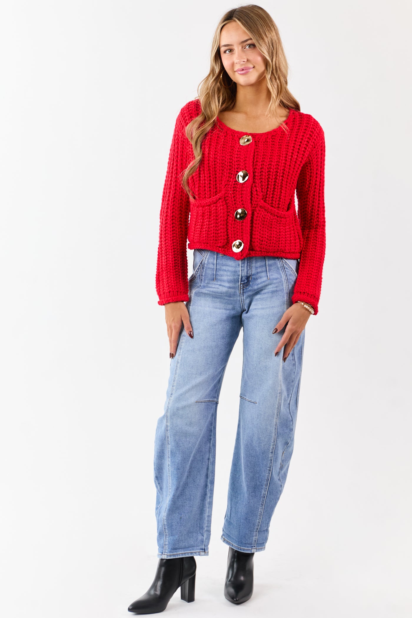 Lipstick Chunky Rib Knit Button Down Cardigan