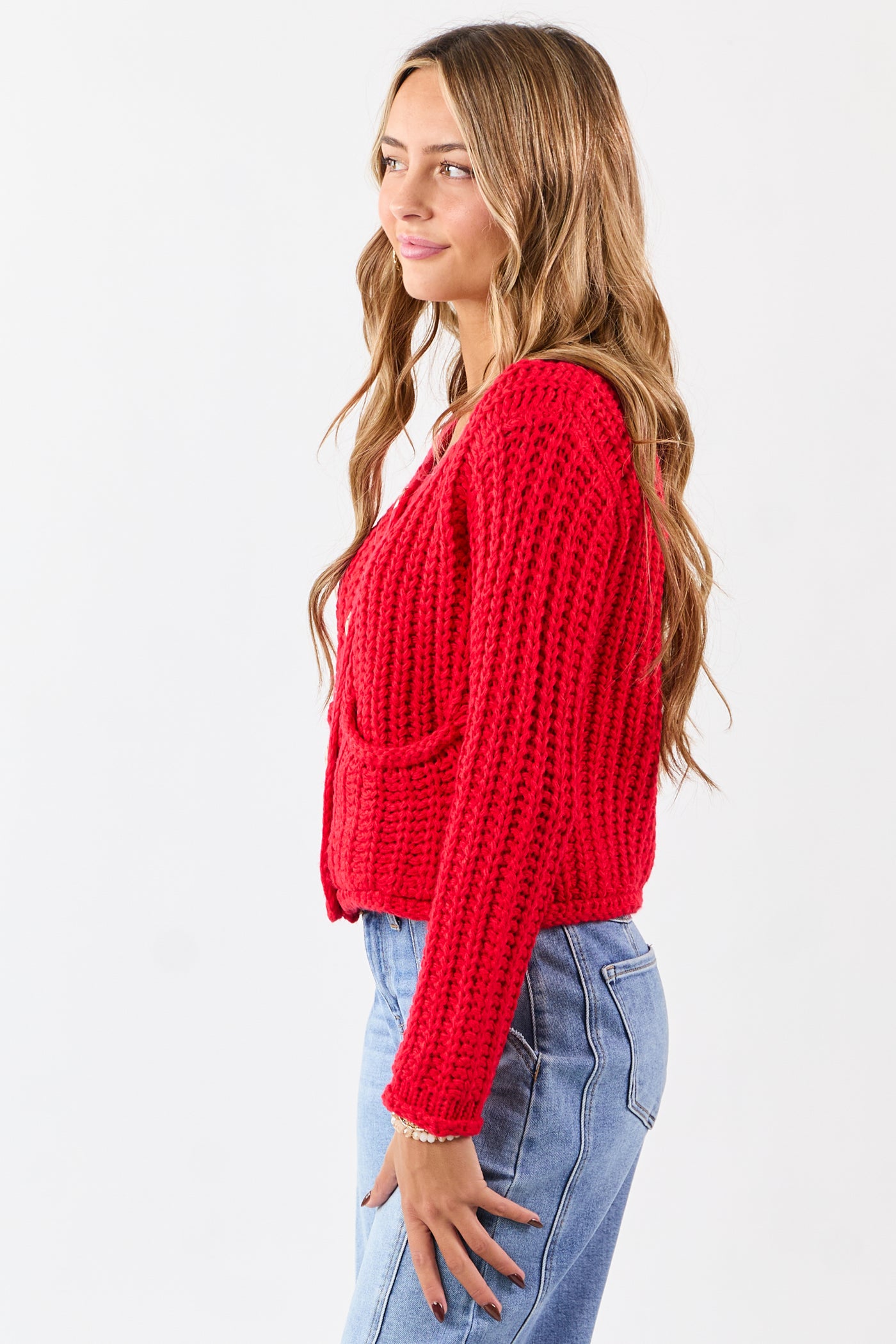 Lipstick Chunky Rib Knit Button Down Cardigan