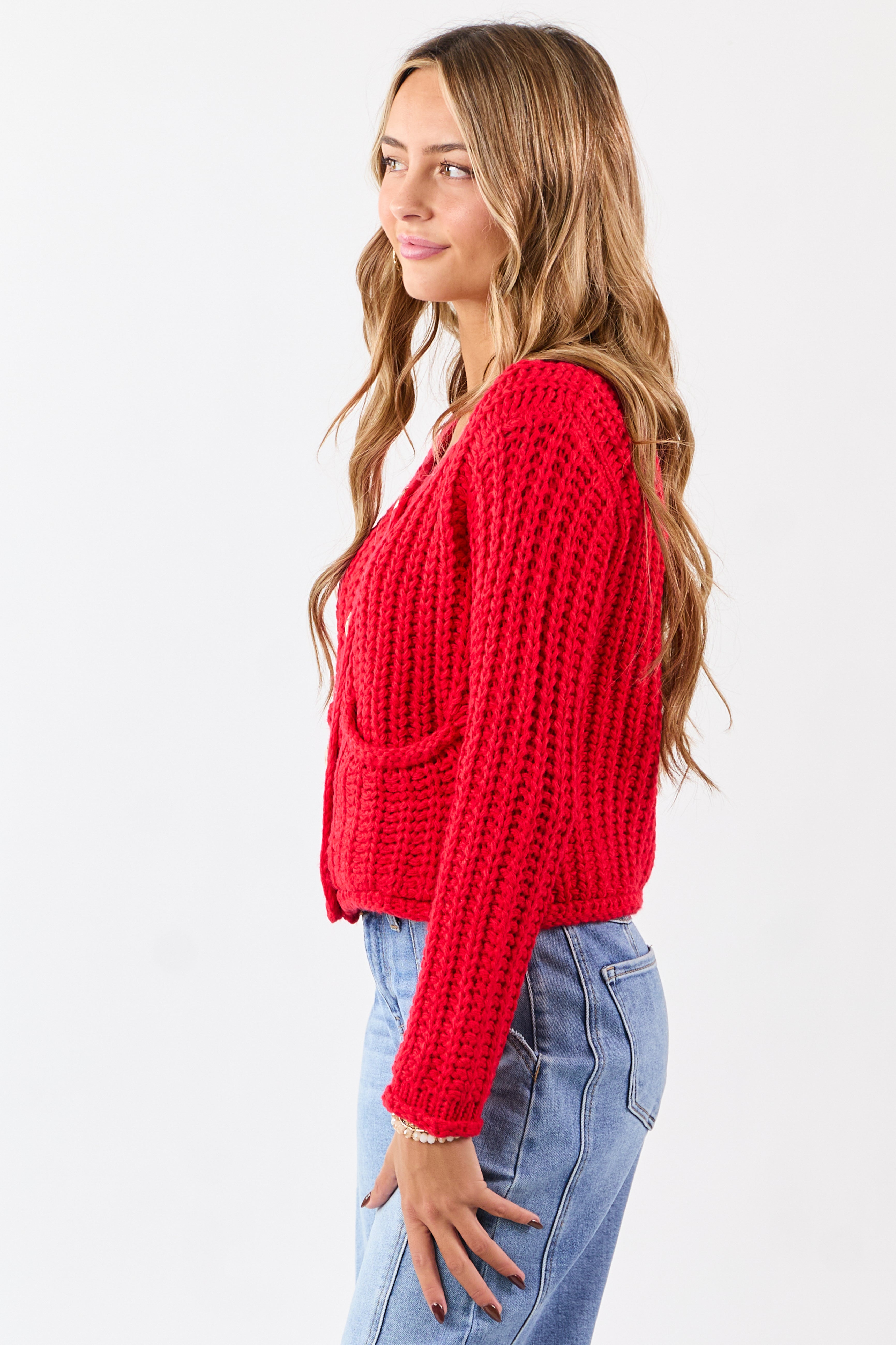 Lipstick Chunky Rib Knit Button Down Cardigan