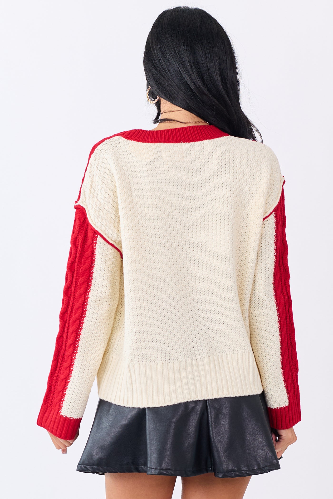 Lipstick Colorblock Cable Knit Crew Neck Sweater