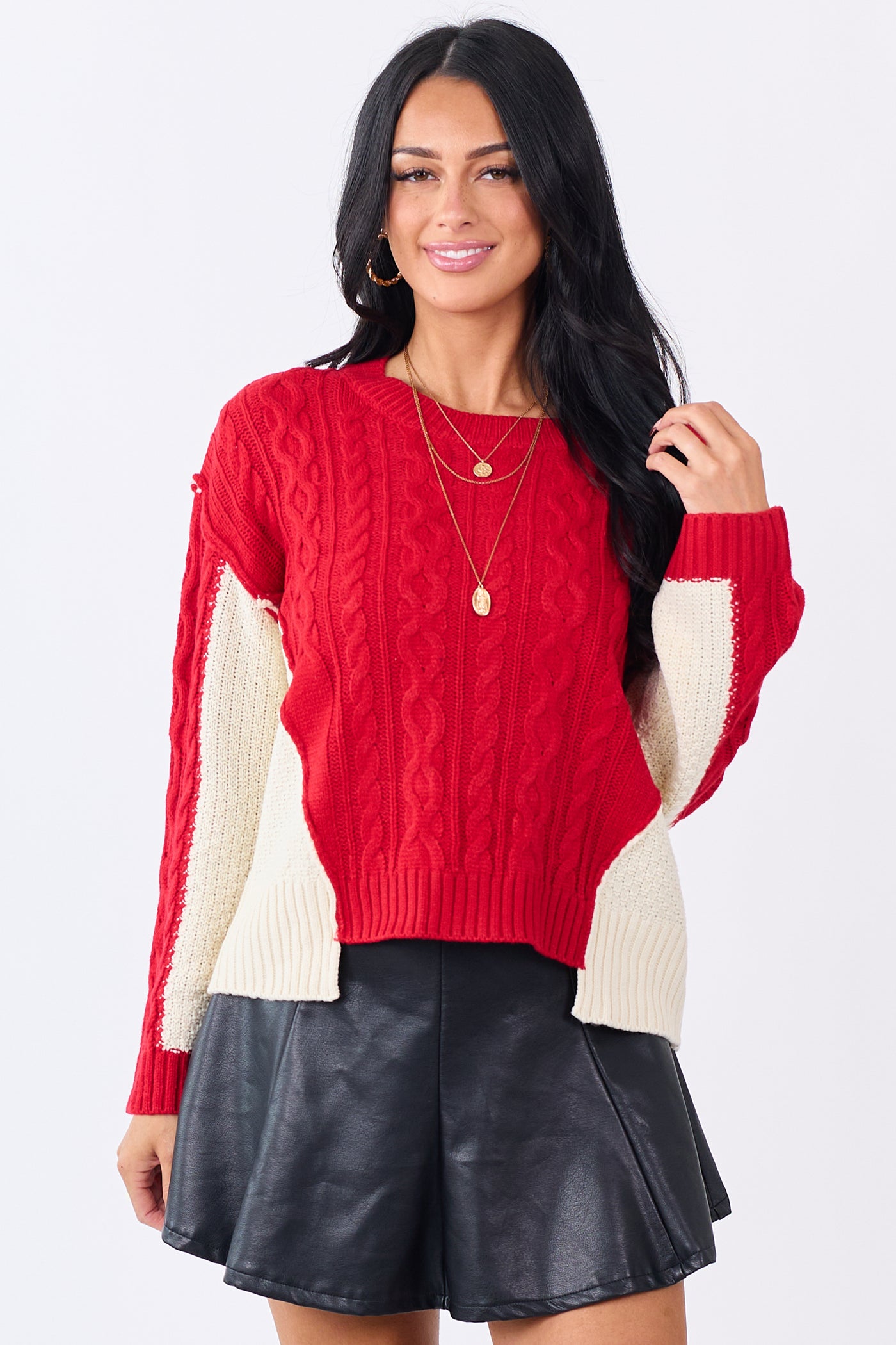Lipstick Colorblock Cable Knit Crew Neck Sweater