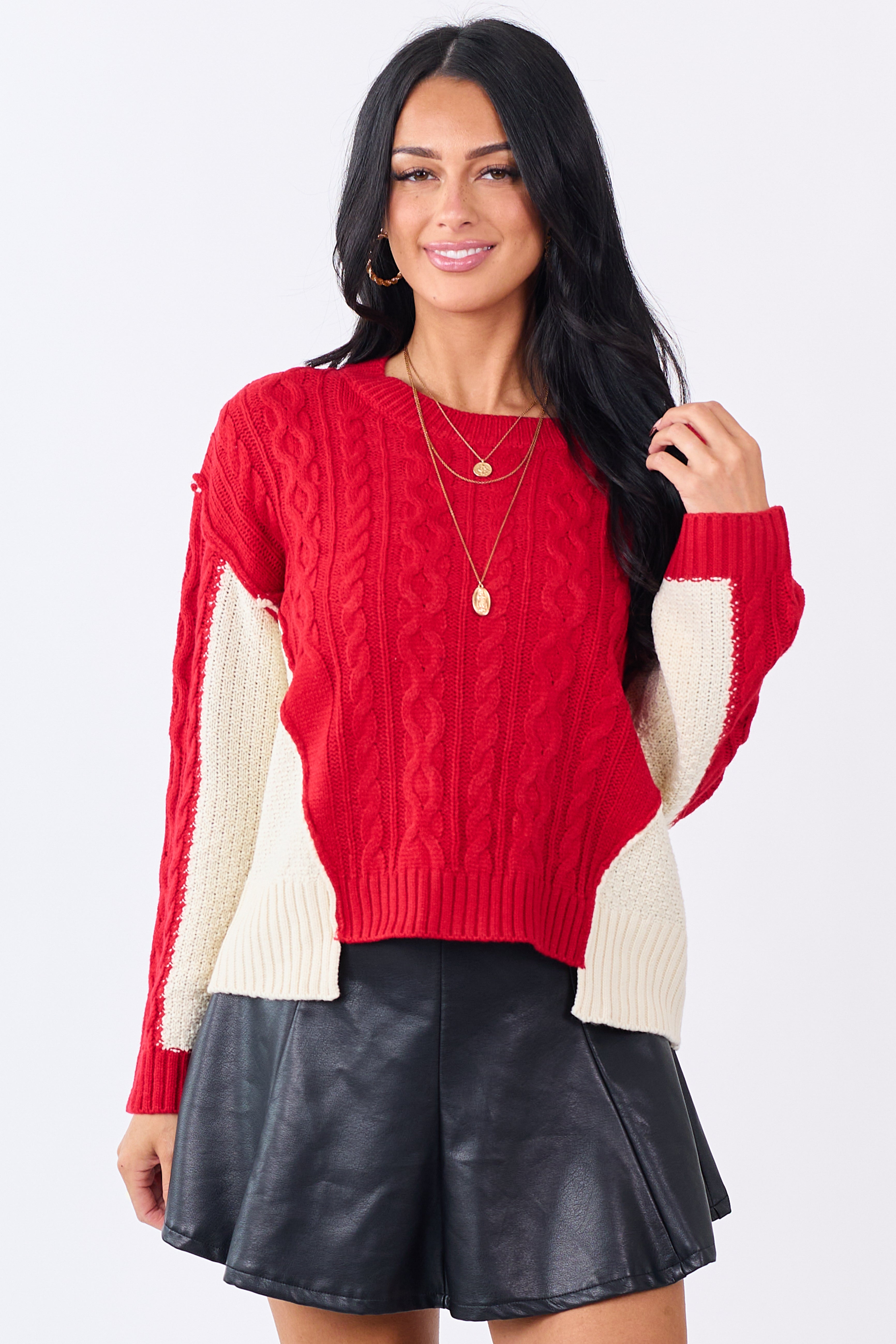 Lipstick Colorblock Cable Knit Crew Neck Sweater