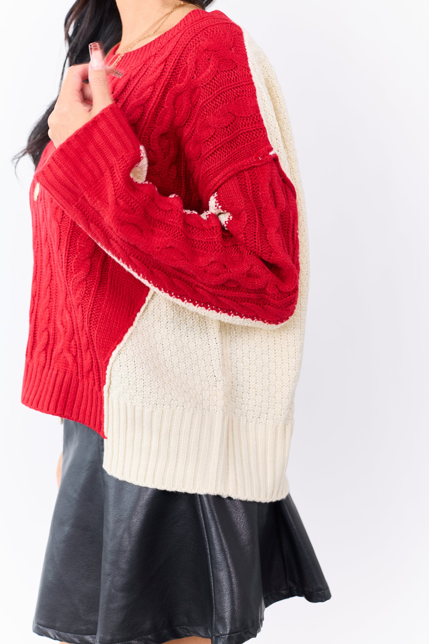 Lipstick Colorblock Cable Knit Crew Neck Sweater