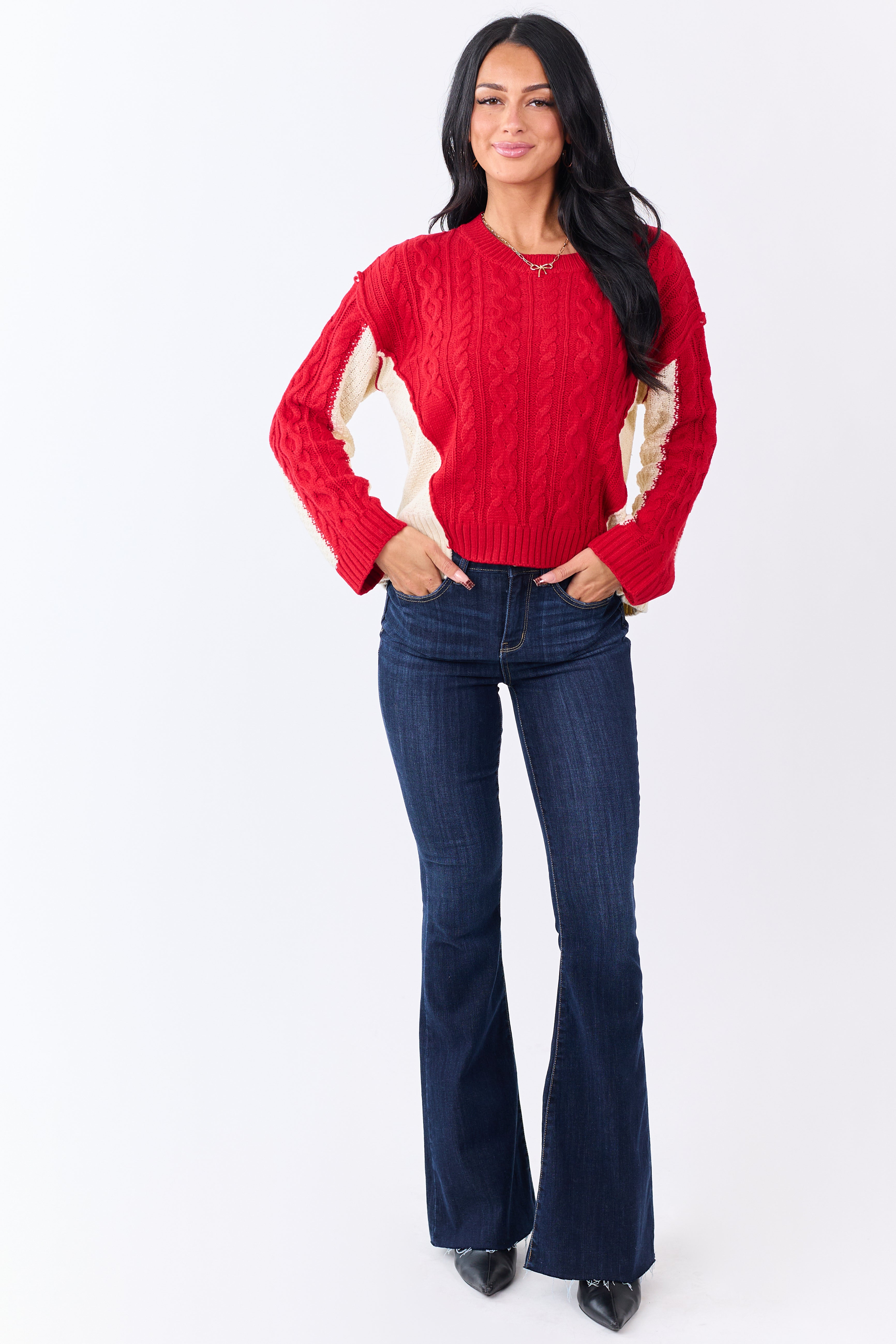 Lipstick Colorblock Cable Knit Crew Neck Sweater