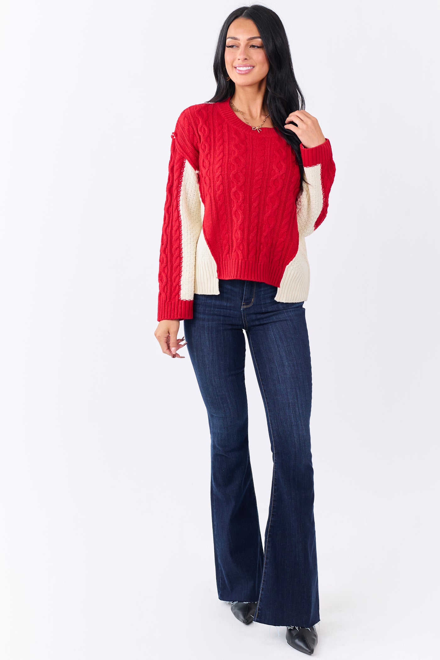 Lipstick Colorblock Cable Knit Crew Neck Sweater