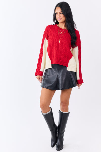 Lipstick Colorblock Cable Knit Crew Neck Sweater