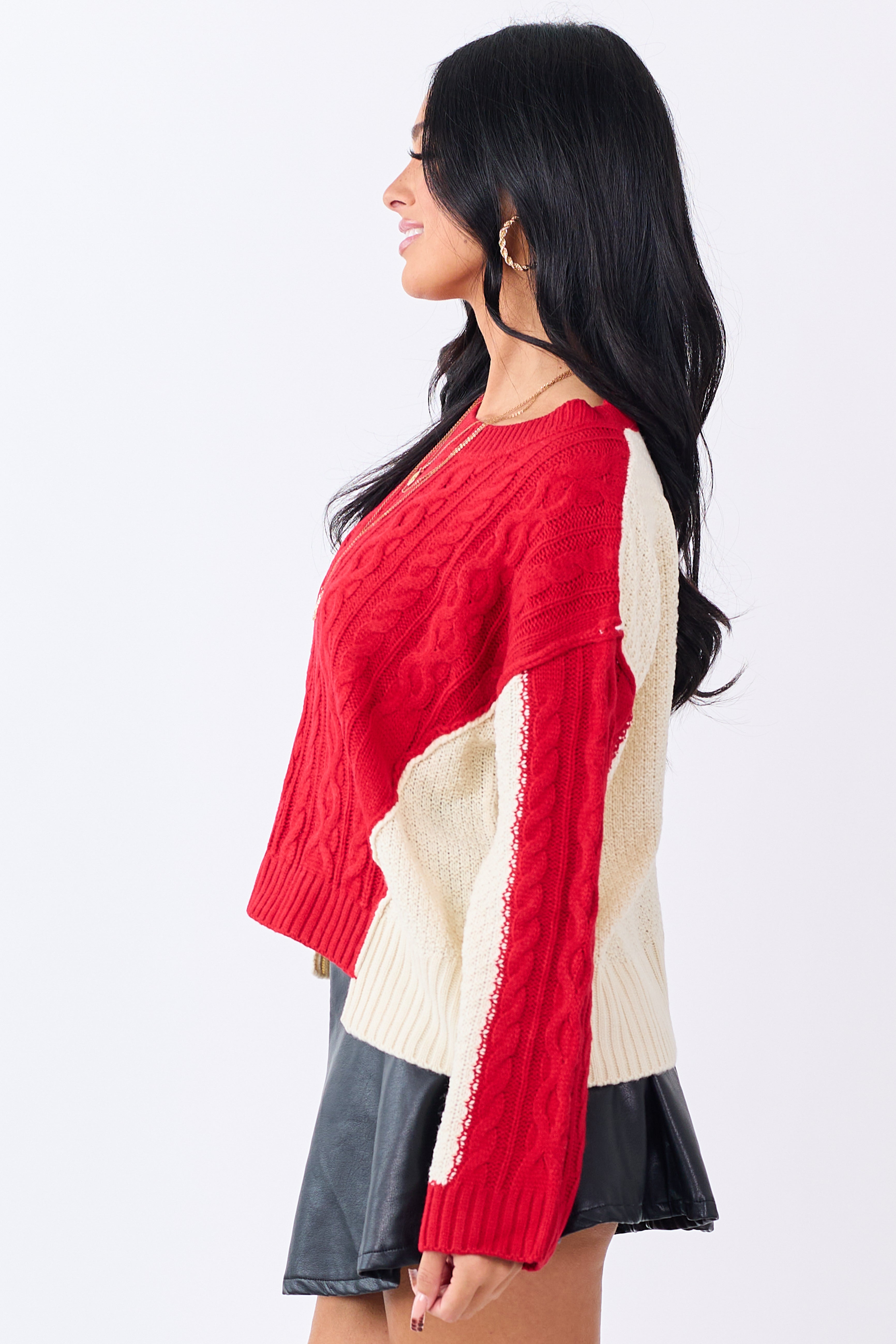 Lipstick Colorblock Cable Knit Crew Neck Sweater