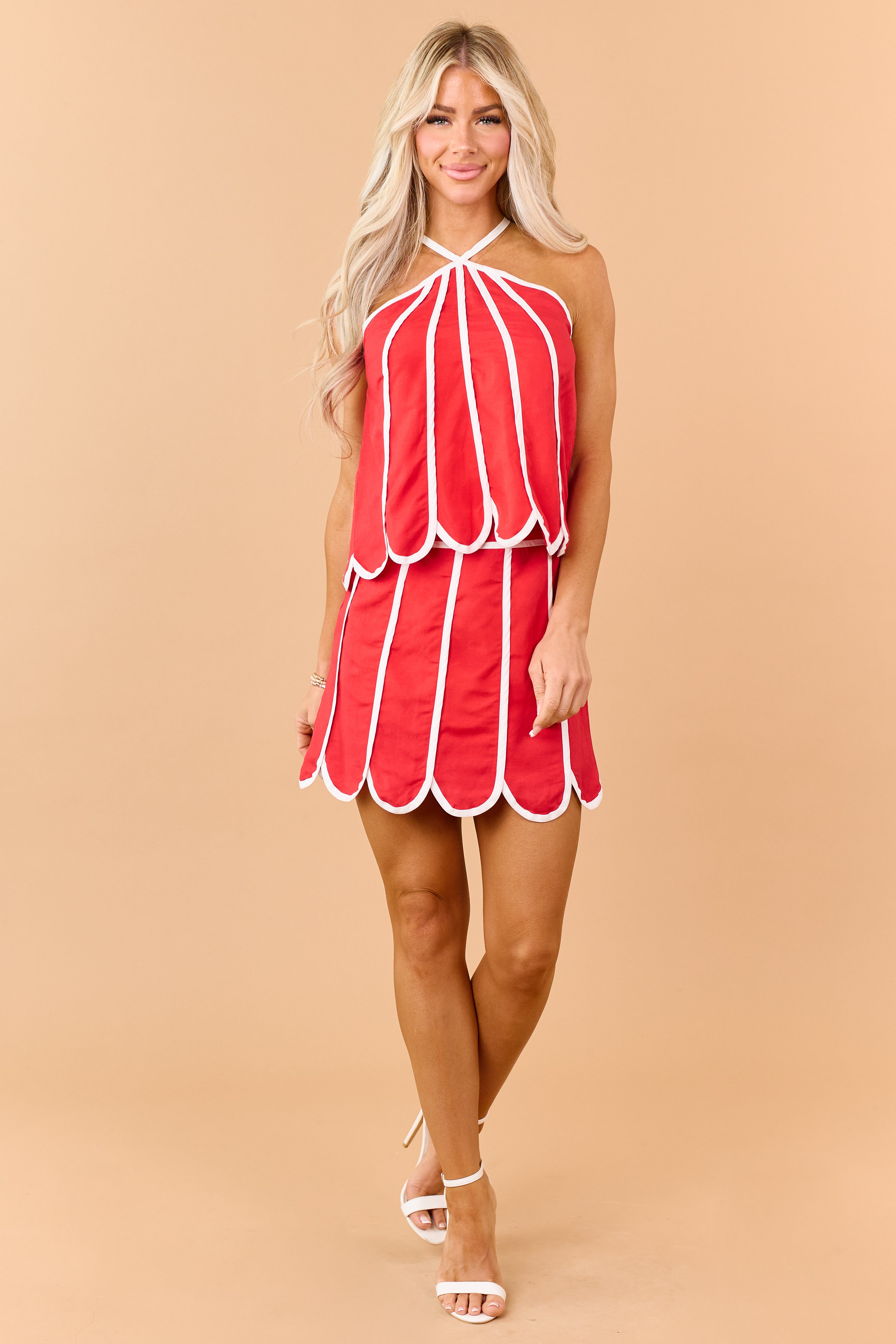 Lipstick Contrast Scalloped Halter Top and Skirt Set