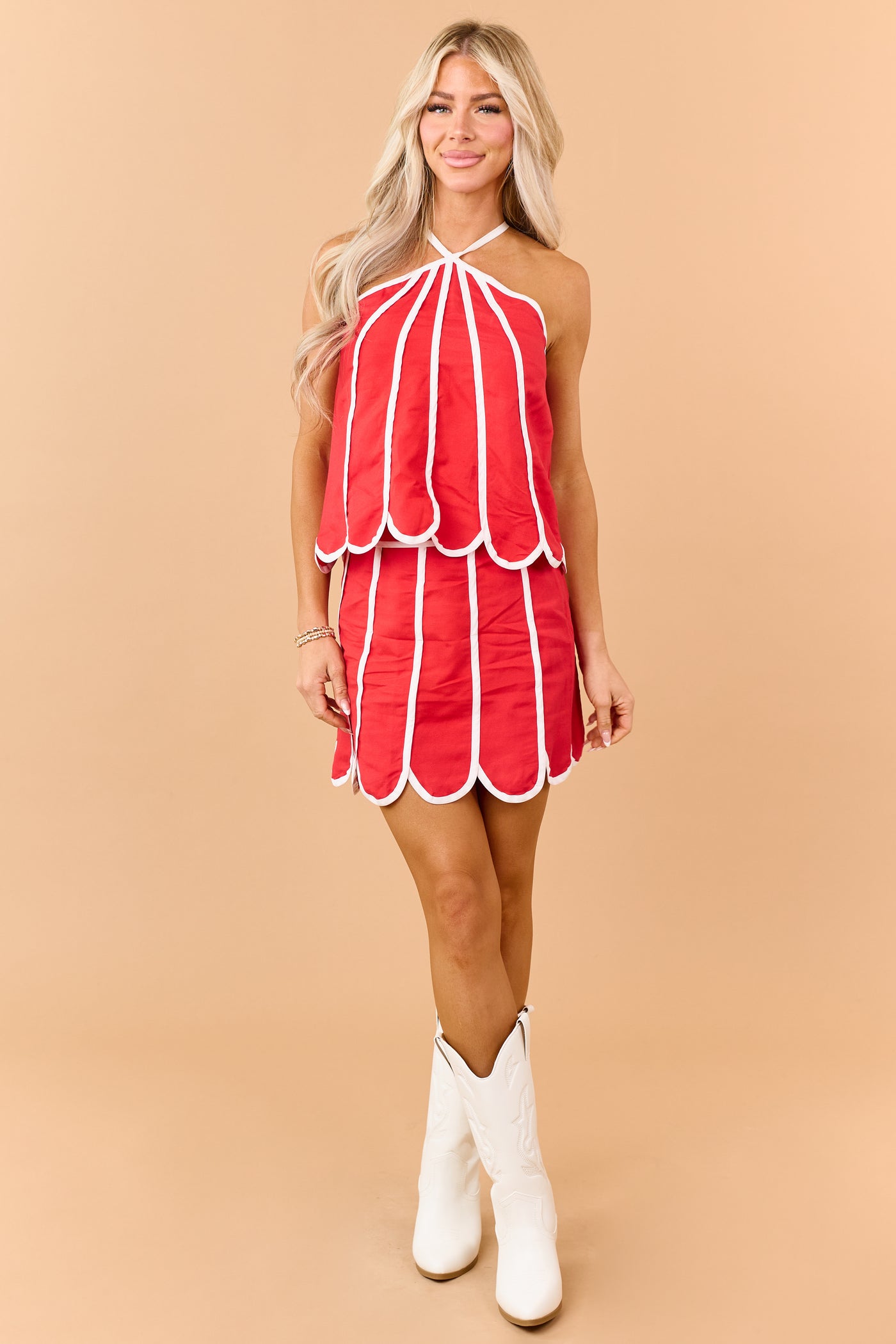 Lipstick Contrast Scalloped Halter Top and Skirt Set