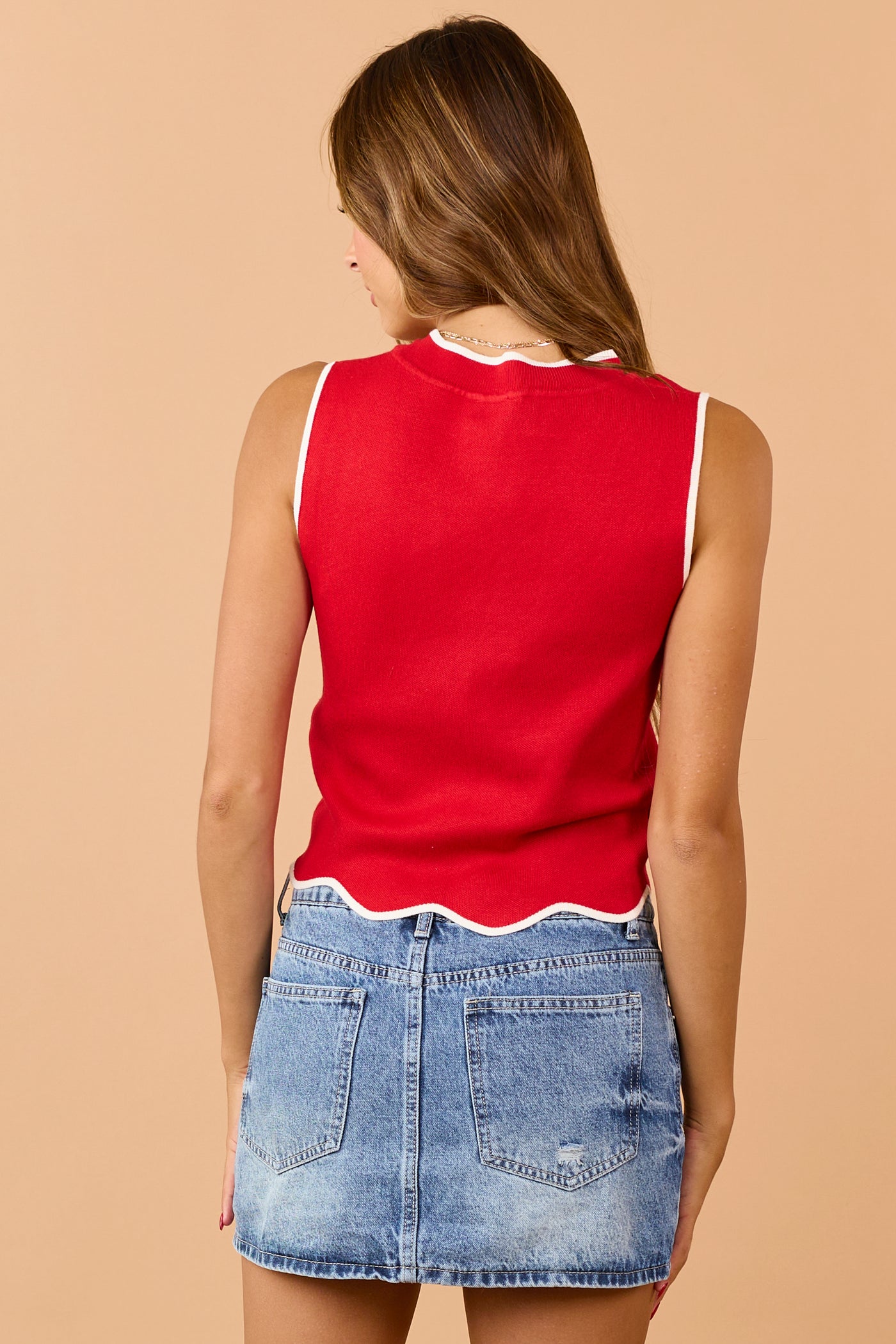 Lipstick Contrast Trim Scalloped Hem Knit Tank Top