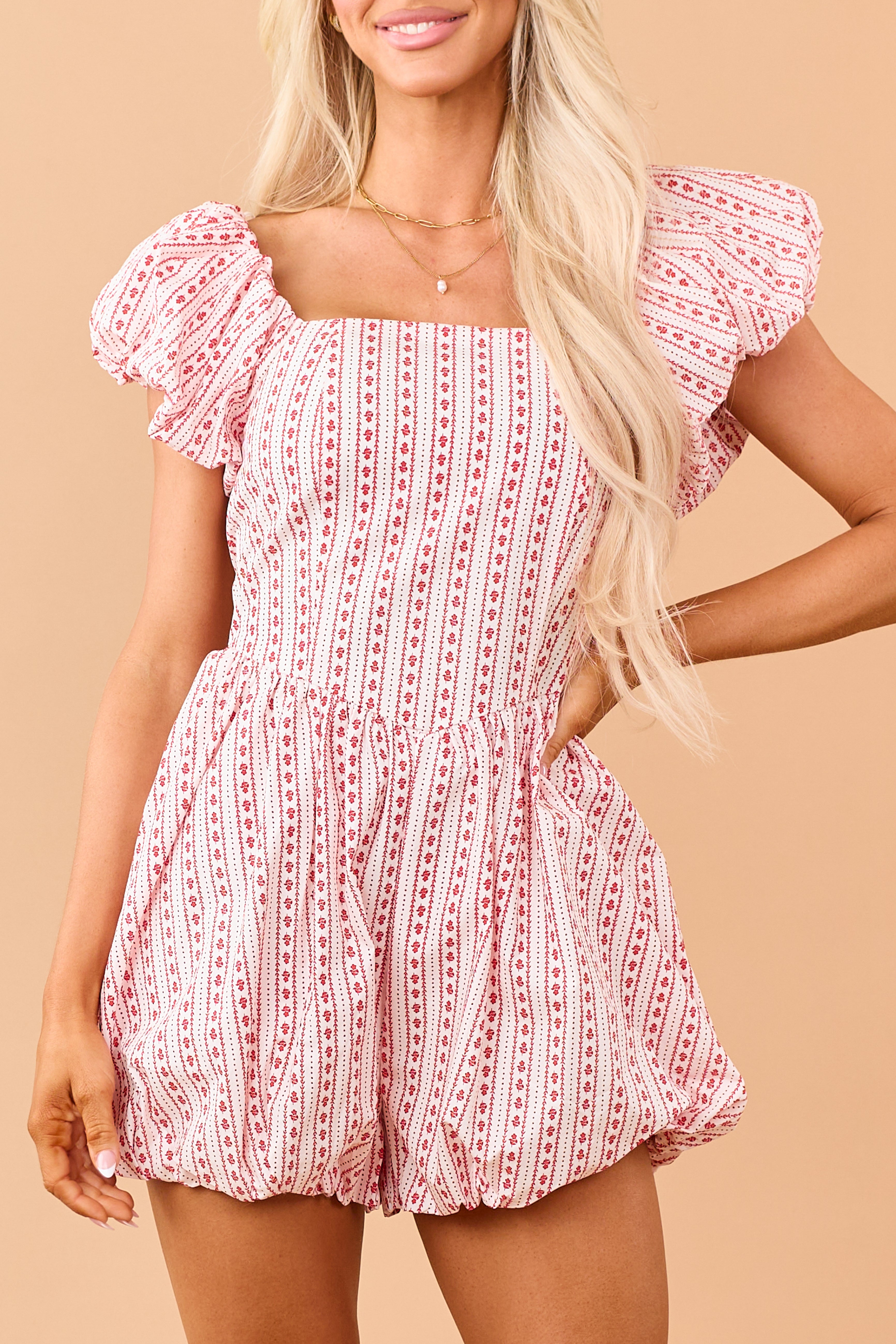 Lipstick Cotton Floral Print Bubble Hem Romper