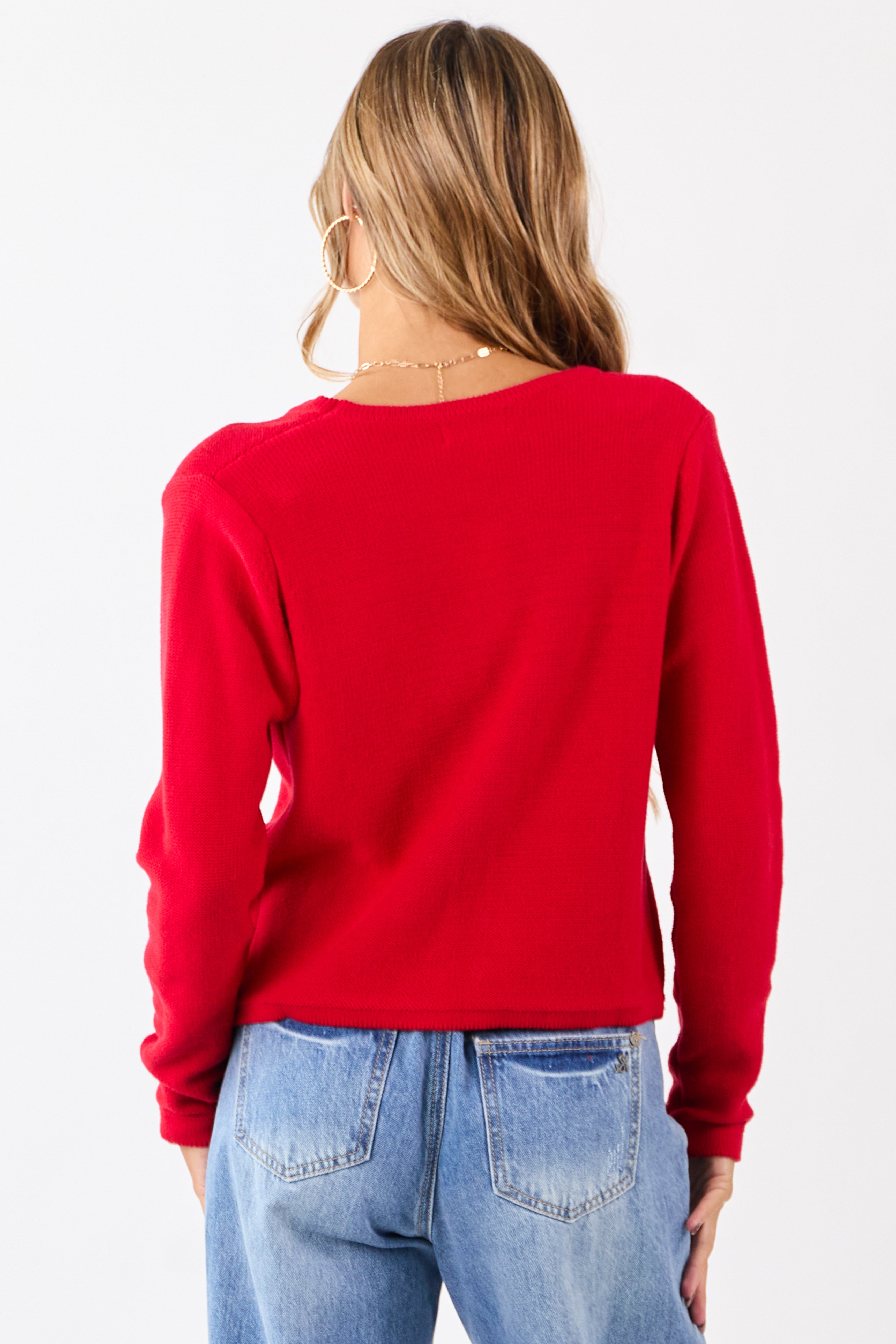 Lipstick Cotton Front Tie V-Neck Sweater Cardigan