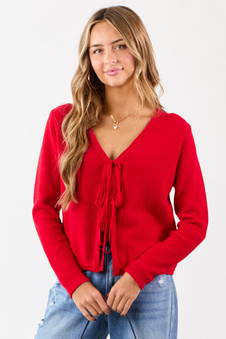 Lipstick Cotton Front Tie V-Neck Sweater Cardigan