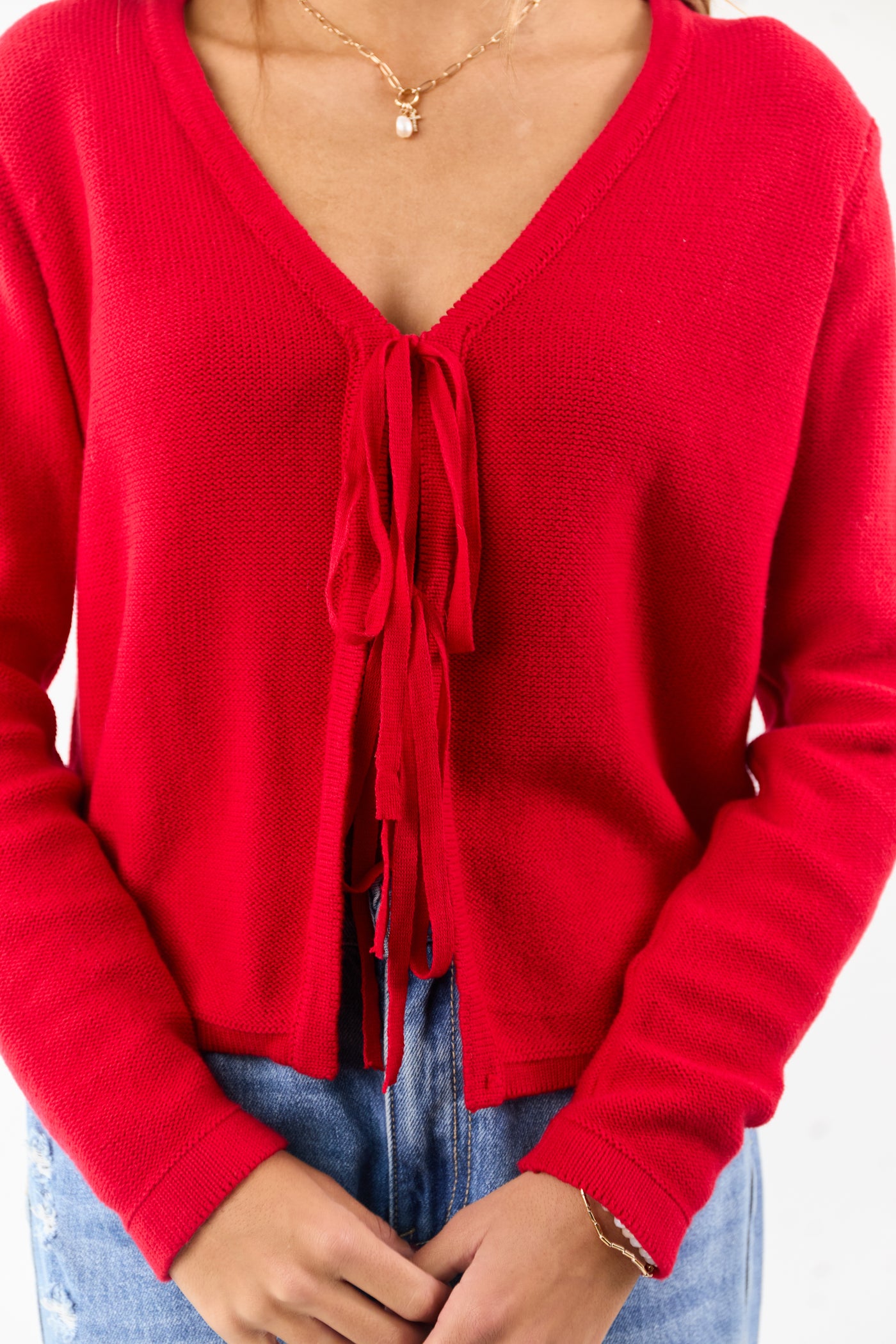 Lipstick Cotton Front Tie V-Neck Sweater Cardigan