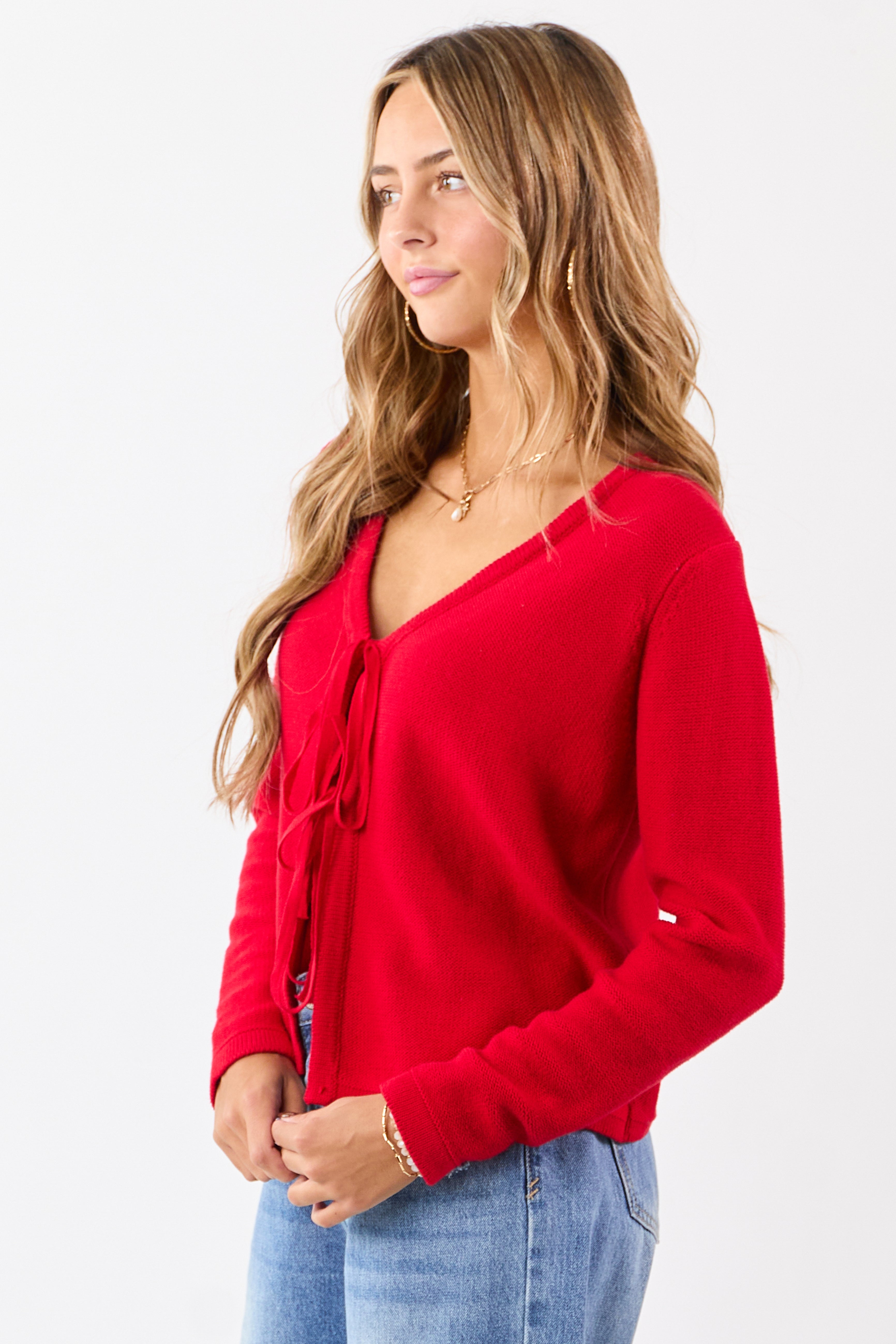 Lipstick Cotton Front Tie V-Neck Sweater Cardigan